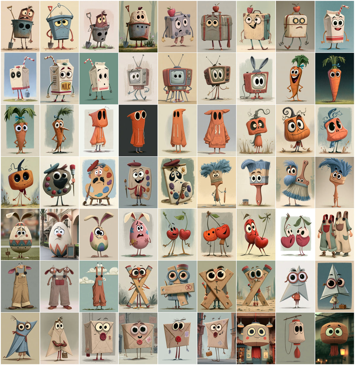 640 Cute Mascot Character Images – Whimsical Object Mascots with Big Eyes, High-Res JPG, Commercial License