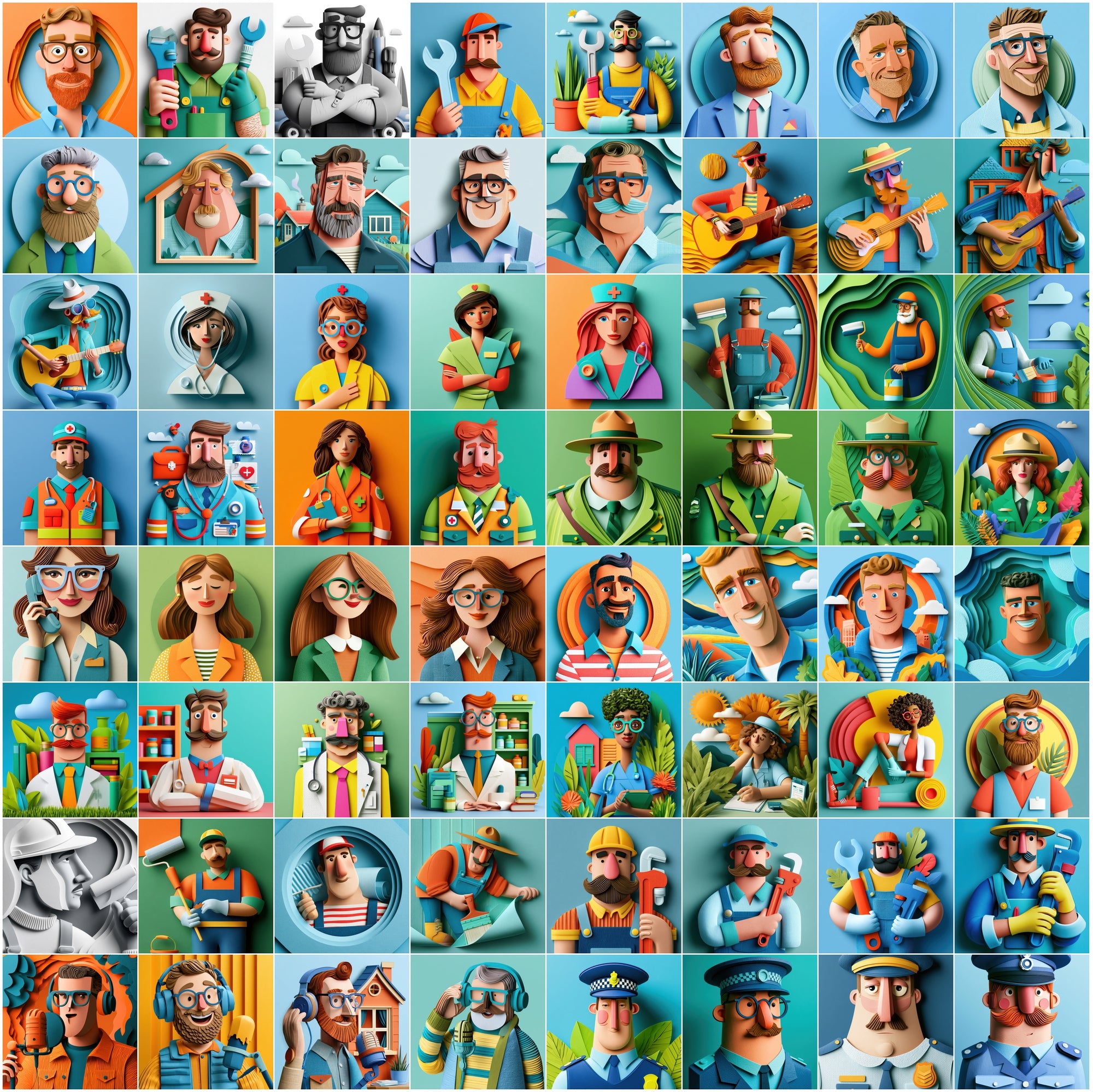 630 Layered Paper Cut Professional Character Illustrations