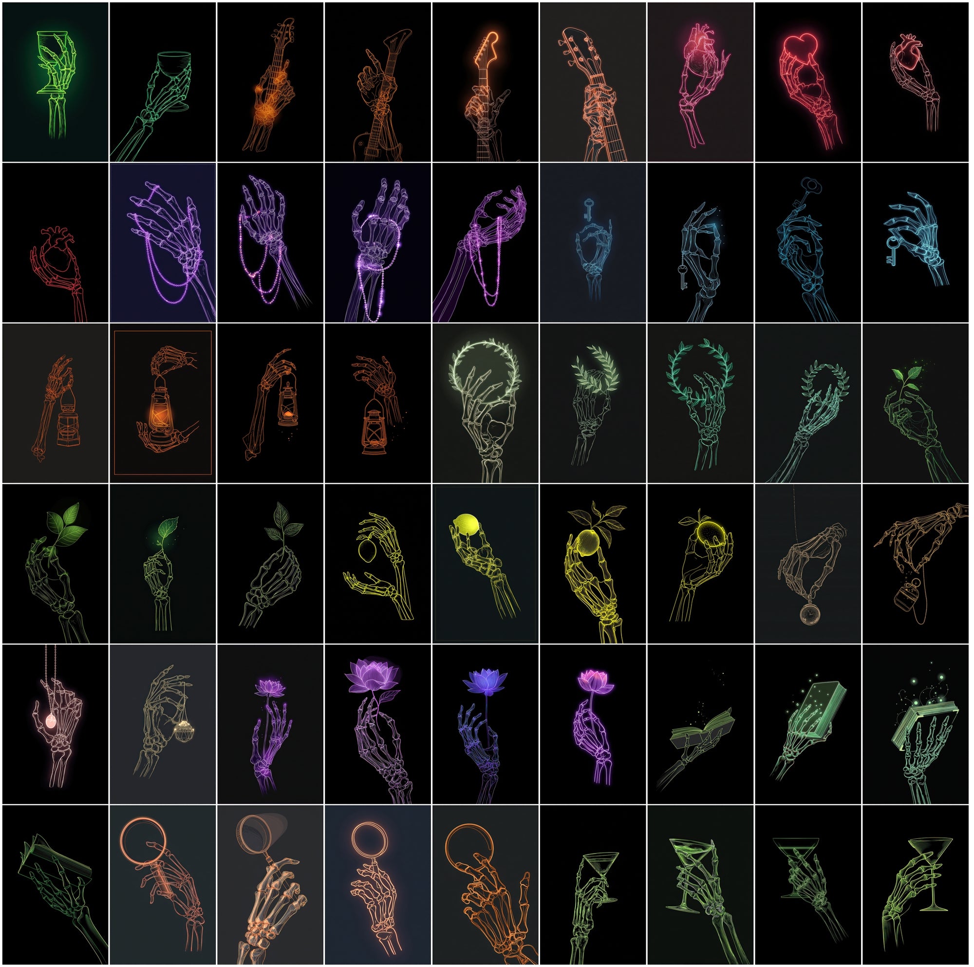 630 Skeleton Hand Neon Line Art Bundle, Halloween Clipart Pack, Gothic Posters