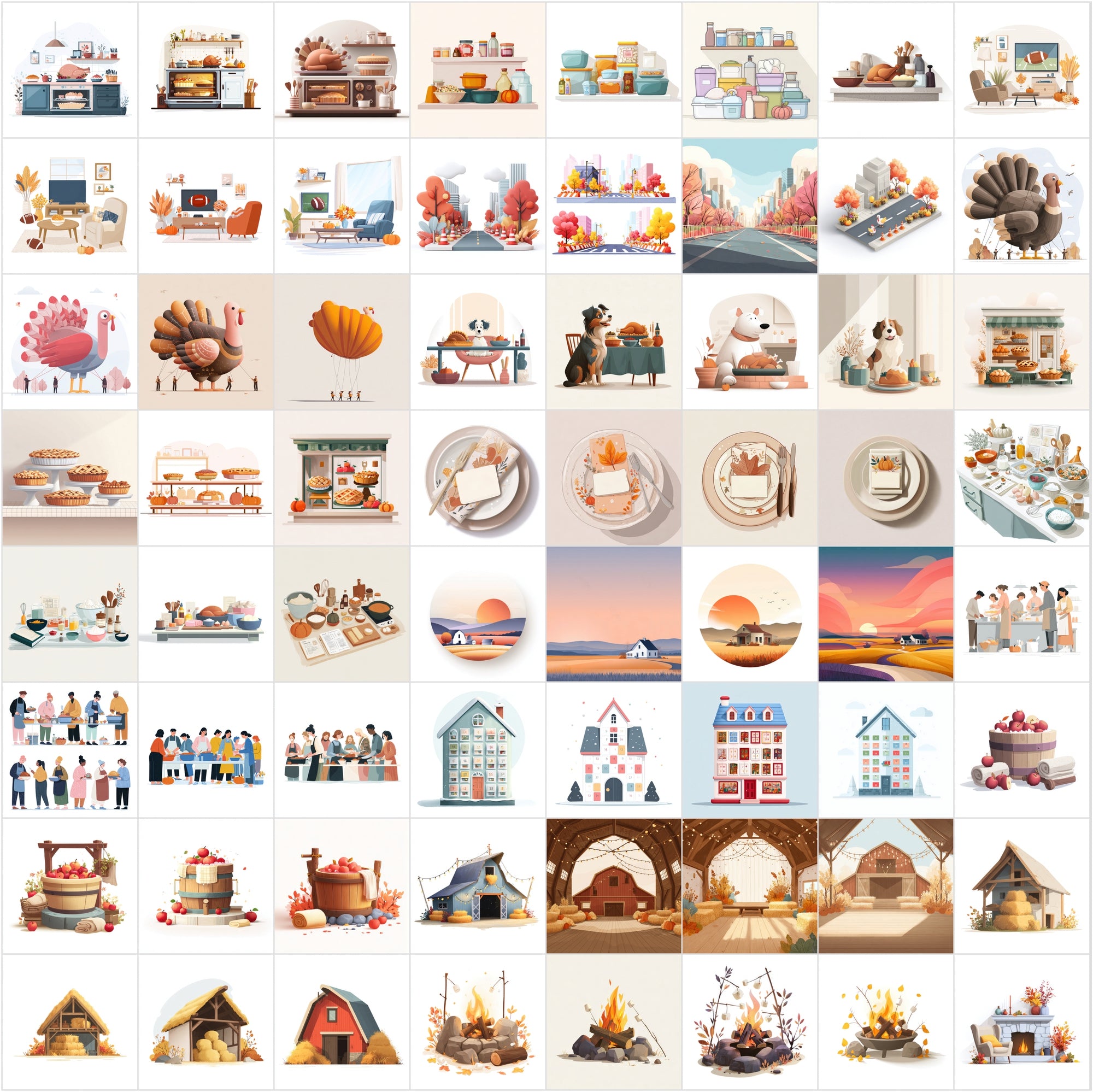 630 Minimalistic Cartoon Illustrations | Holiday & Seasonal Scenes