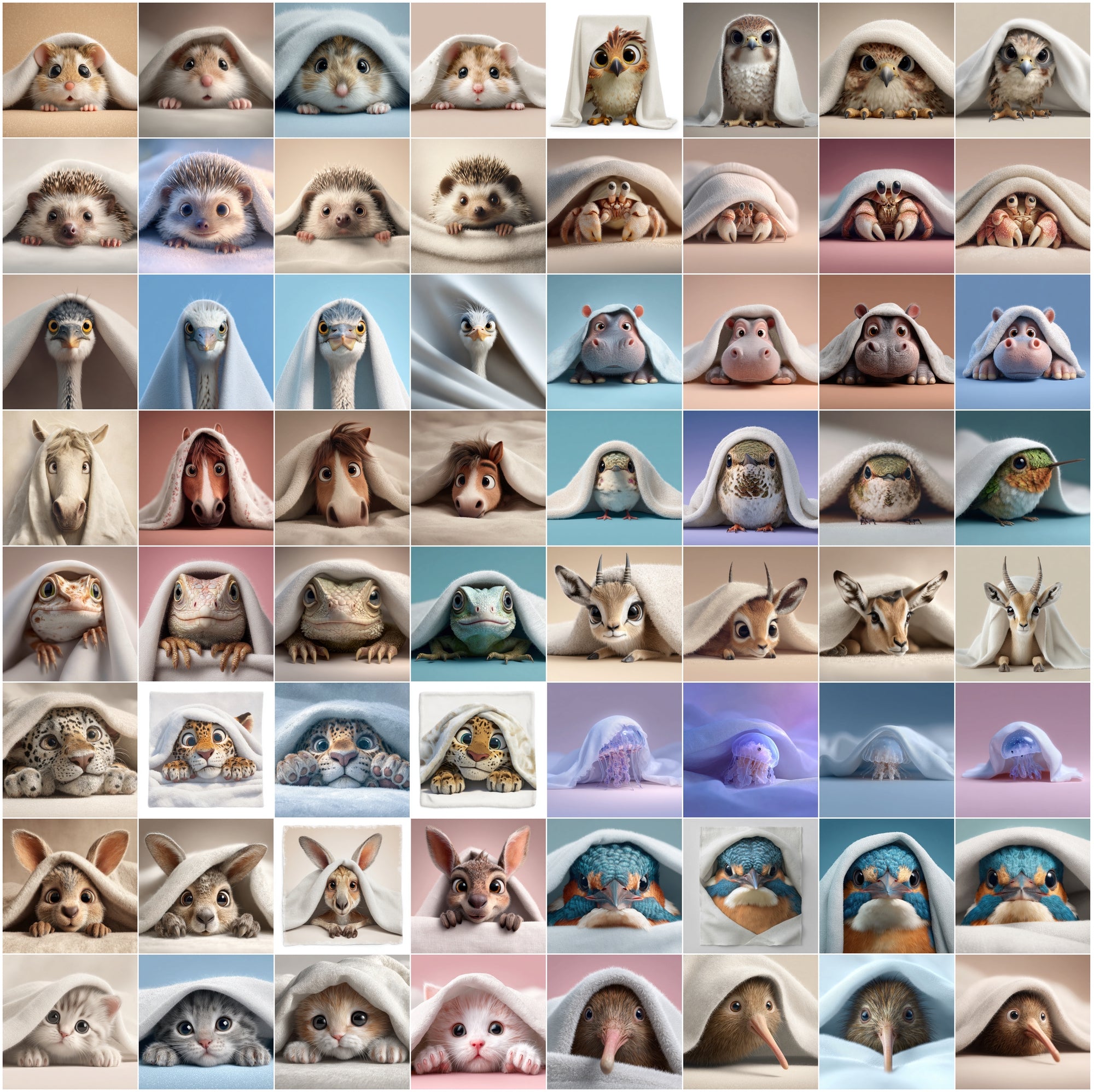 639 Cute Animals Hiding Under Blankets | Adorable 3D Pet Clipart Bundle