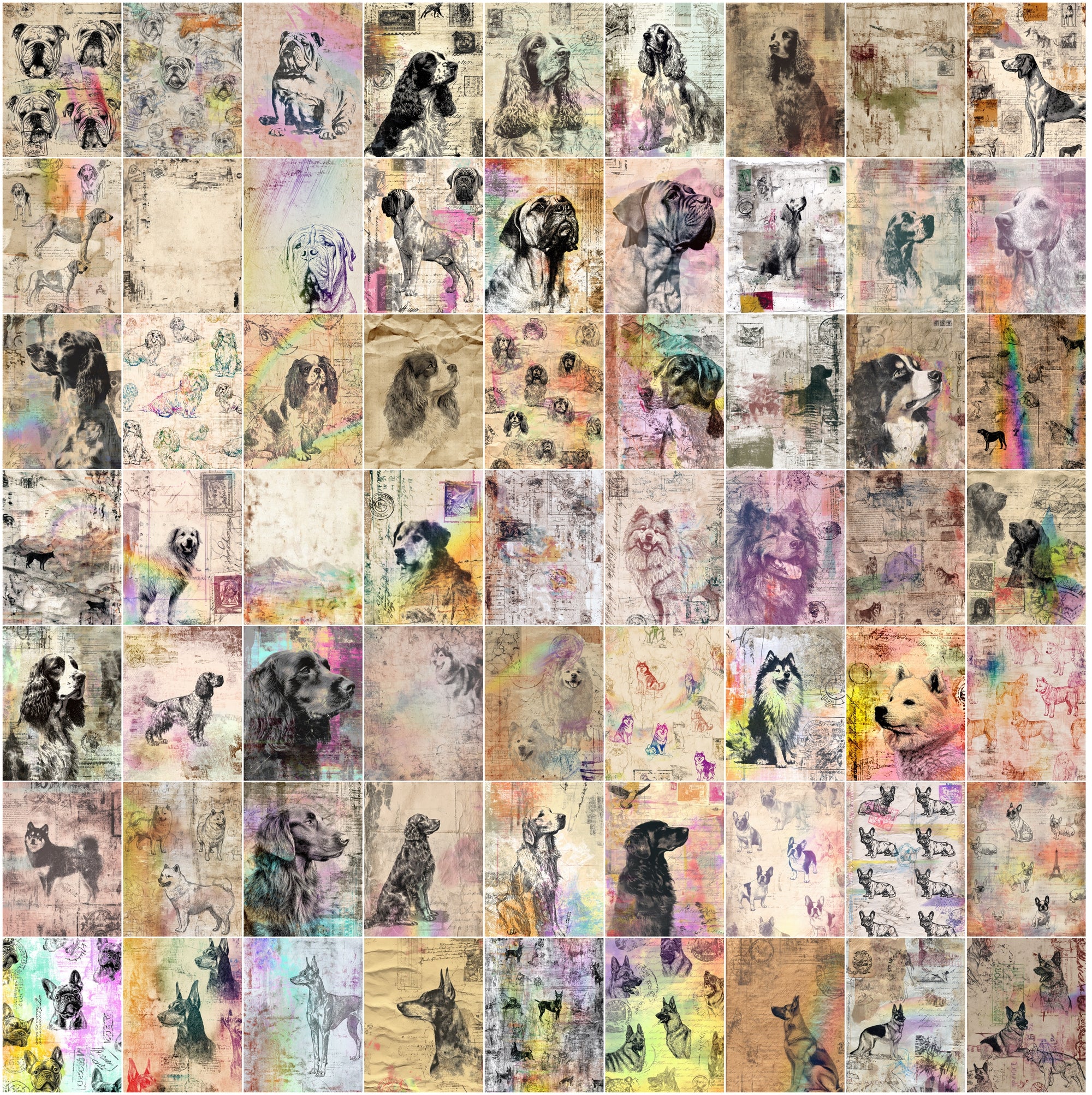 650 Dog Junk Journal Pages, Vintage Breed Ephemera, Messy Collage Scrapbook Paper