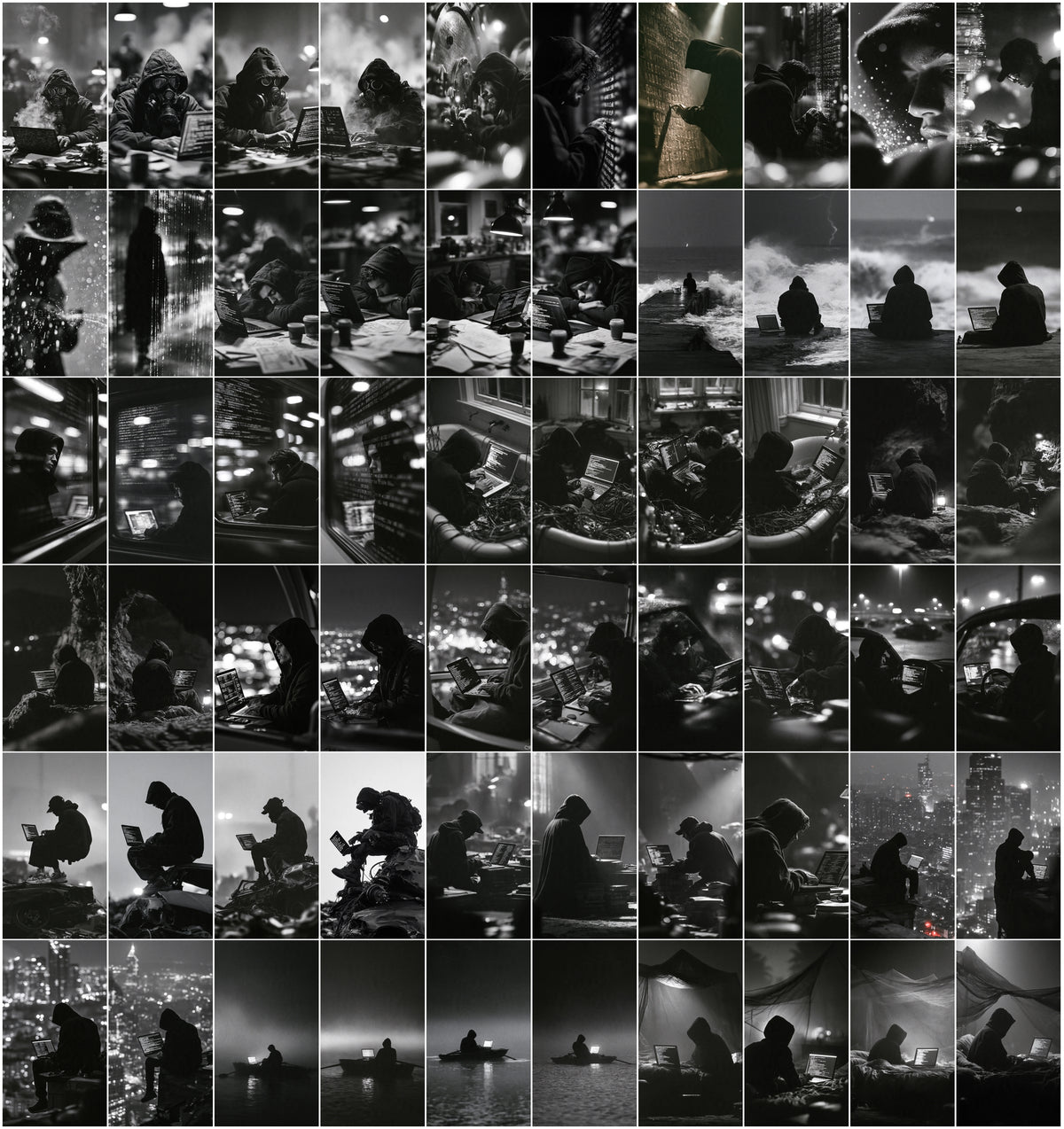 635 Hacker Images Bundle – Black & White Cyberpunk Photography, Binary Code & Hooded Hacker Wallpapers, 9:16 JPG, Commercial License