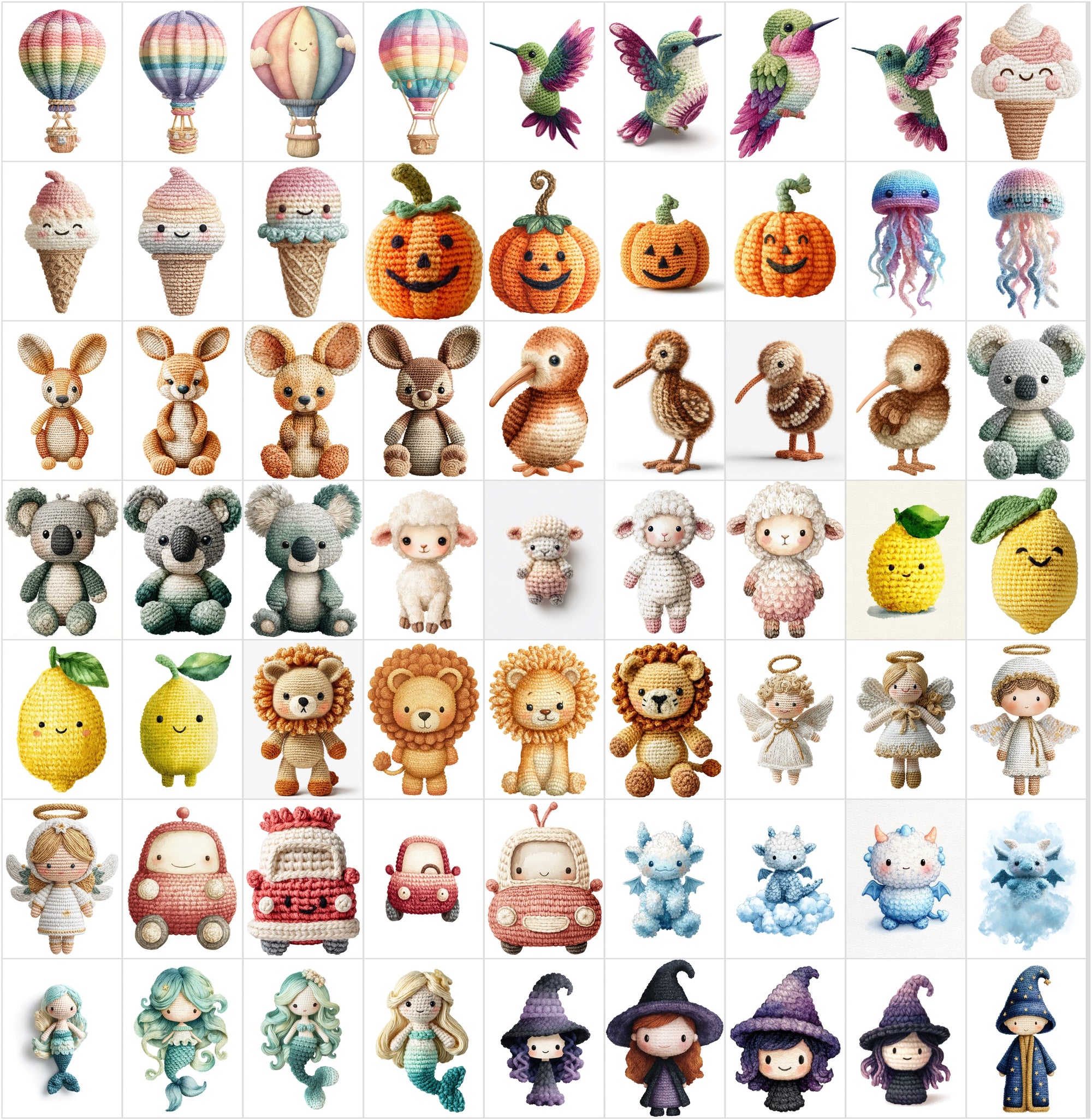 620 Crochet Animal Watercolor Clipart Bundle, Cute Nursery JPG Collection, Woodland Farm Ocean Fantasy Baby Shower Art