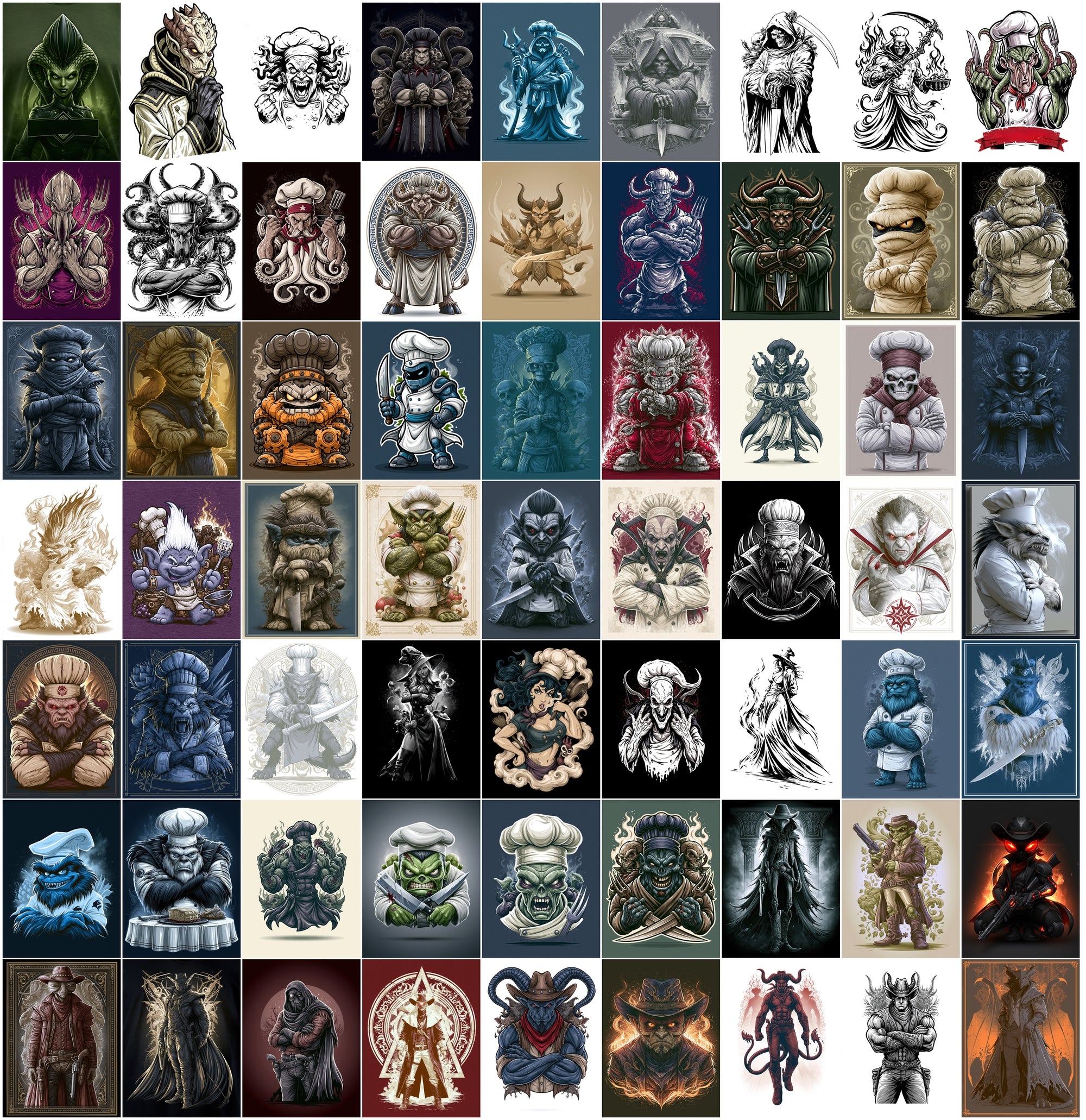 610 Monster Mashup T-Shirt Designs Bundle | Bold Graphic Character Illustrations