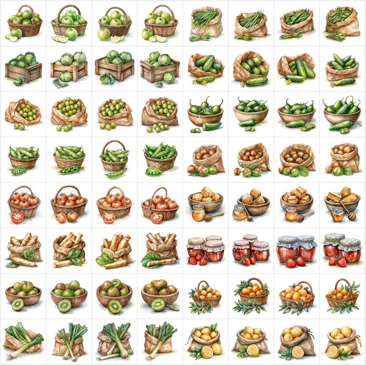 630 Fruit & Vegetable Illustrations – Farmhouse Kitchen Clipart Bundle, Harvest Food Art