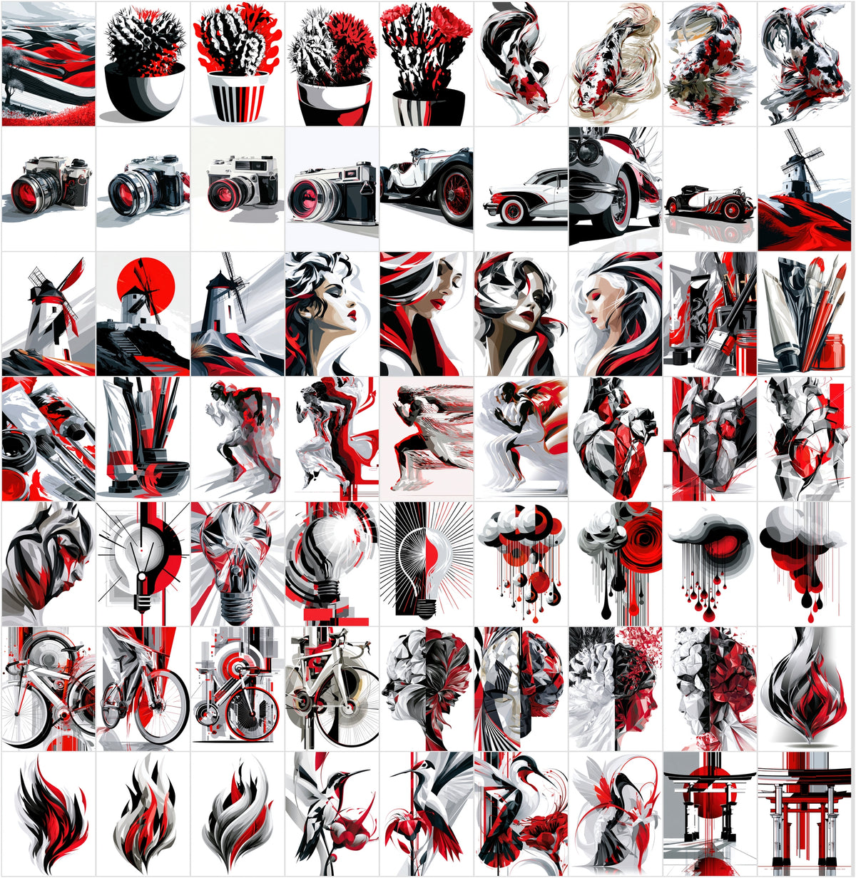 625 Abstract Art Prints Bundle | Red Black White Geometric Posters | Bauhaus Cubist Wall Art