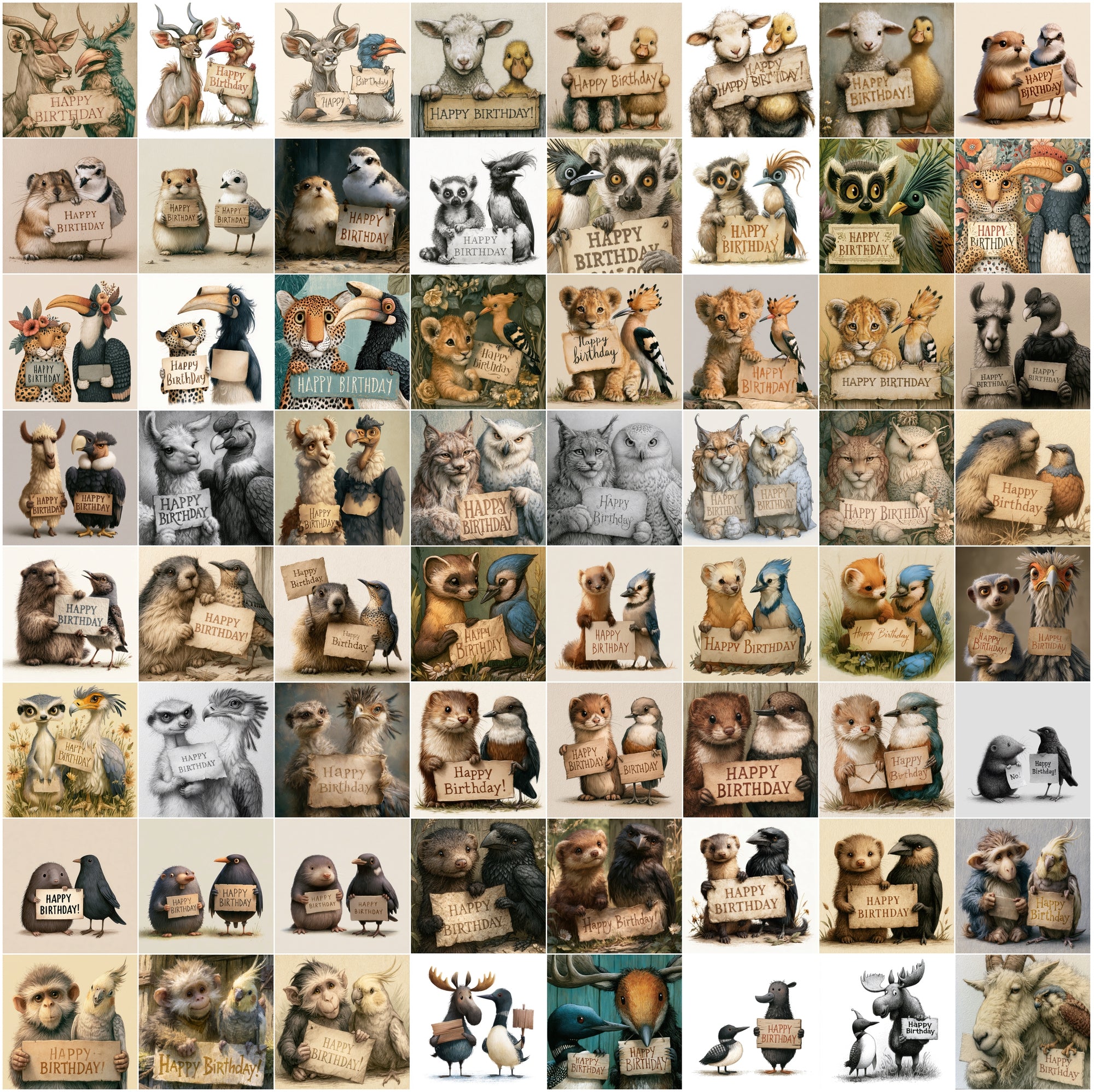 625 Birthday Animals Clipart Bundle | Fairy Tale Animal Birthday Card PNG JPG Set