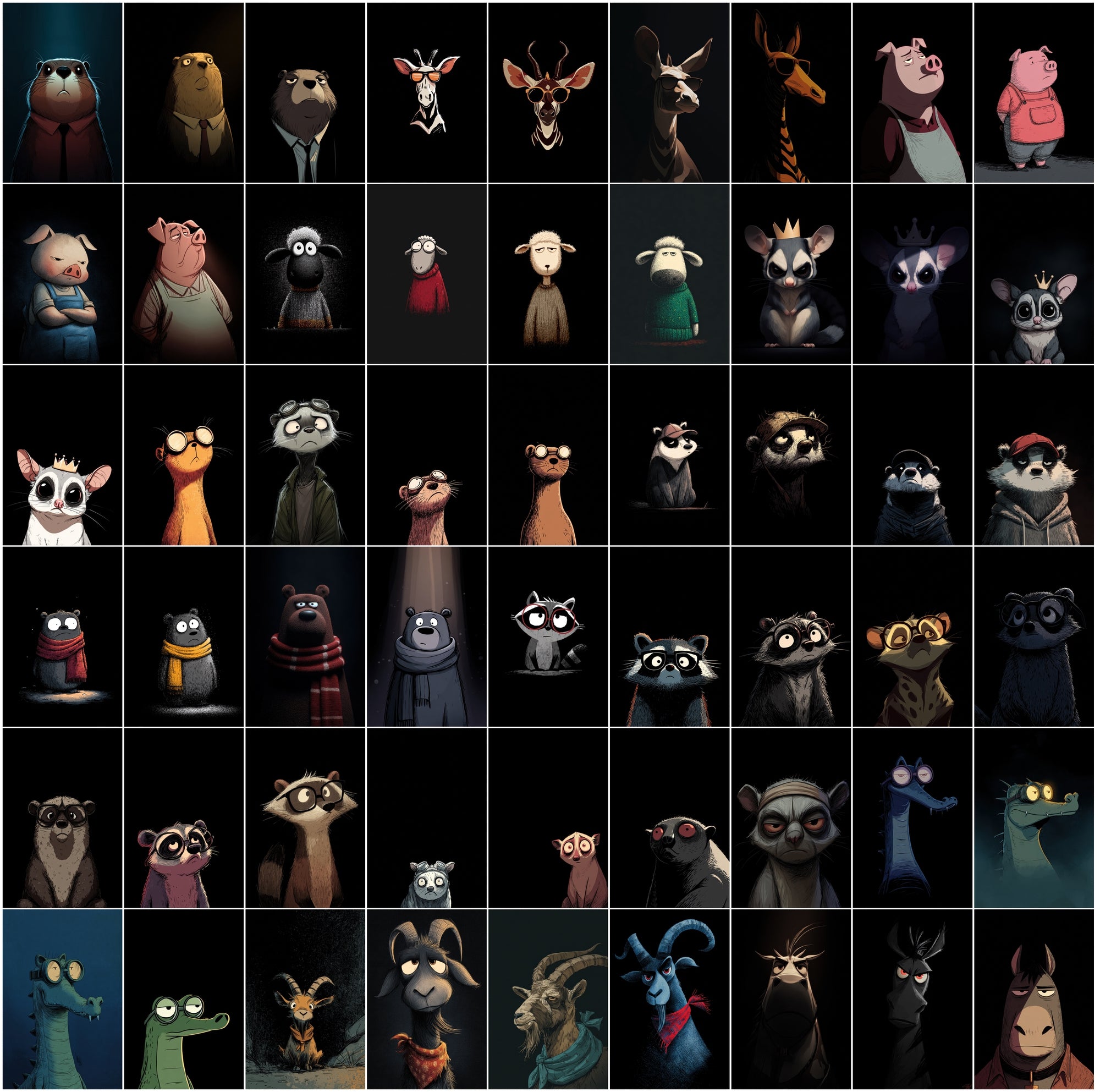 630 Animals Almost Visible in the Darkness | Cute Cartoon Animal Clipart Bundle | Dark Moody Illustrations