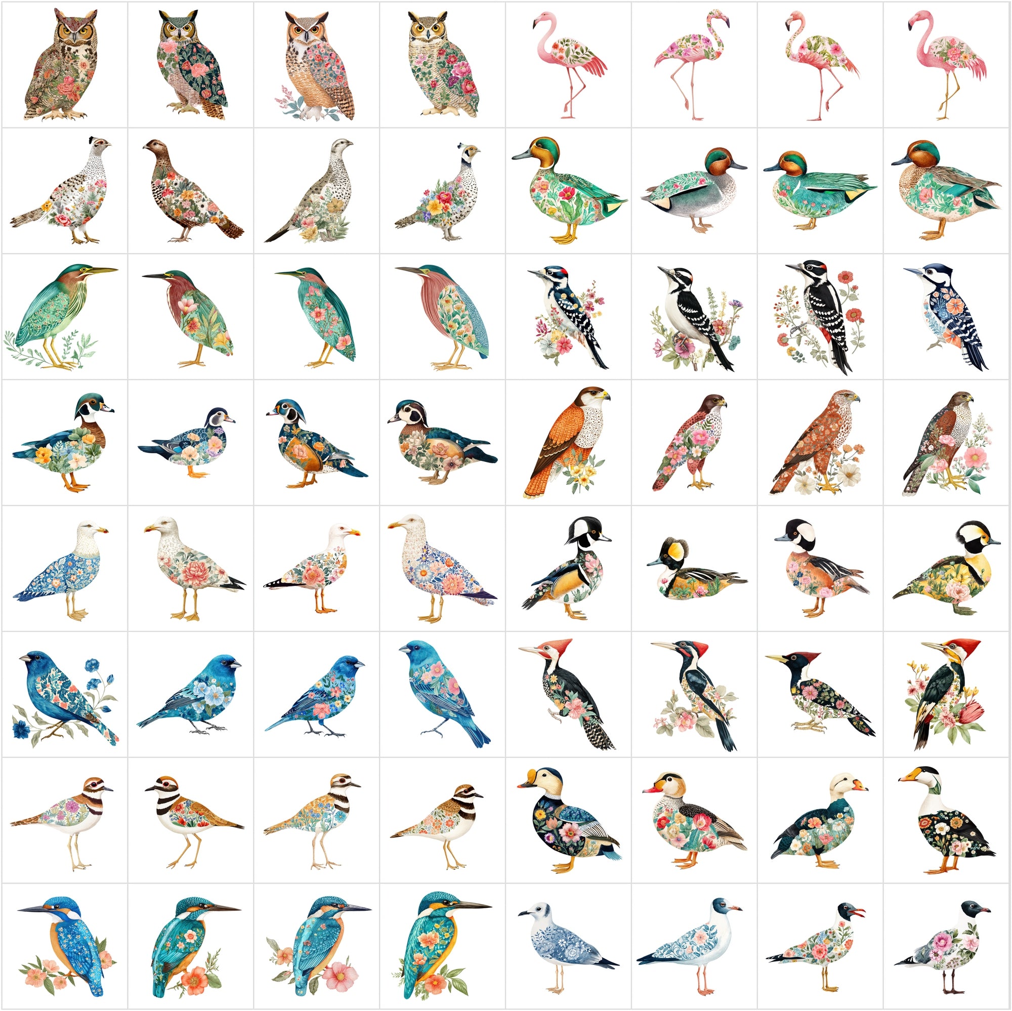 640 Watercolor Birds with Floral Patterns