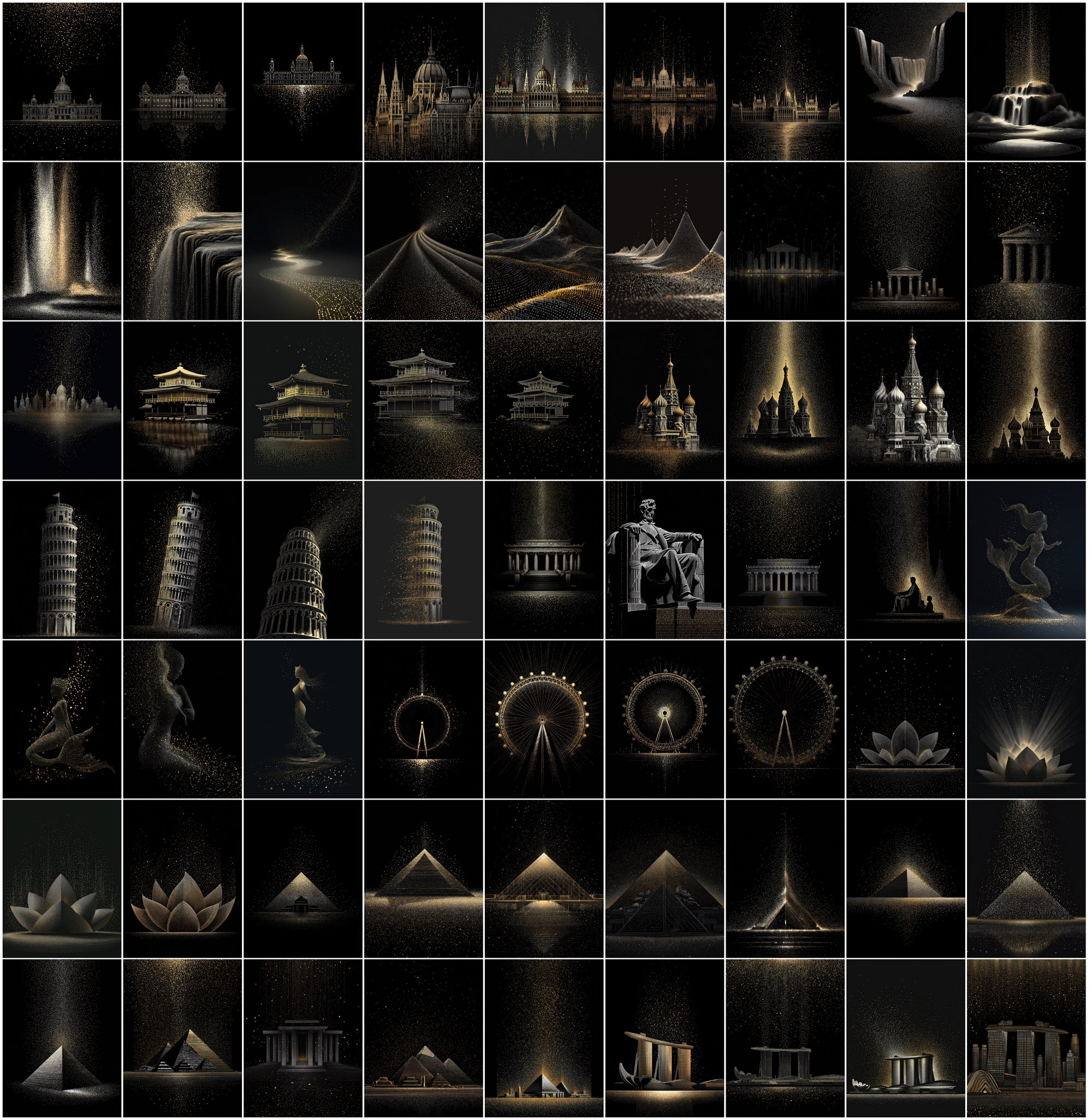 630 Minimalist Landmark Dots Bundle | Gold & Silver Glitter on Black