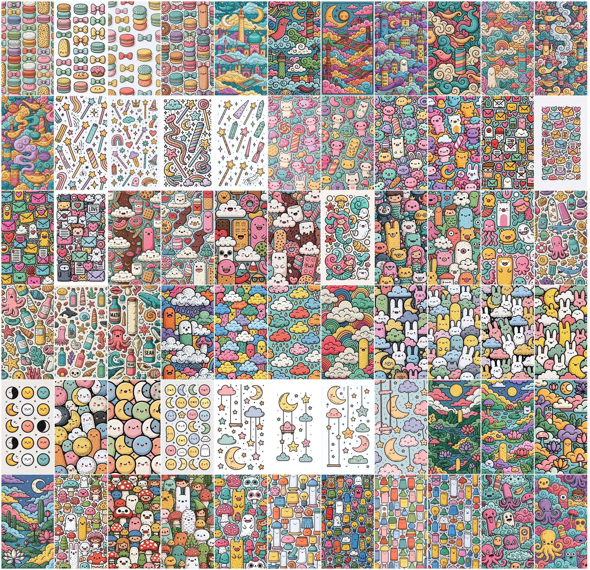 640 Doodle Art Clipart Bundle | Colorful Rainbow Dreamland Doodles, Kawaii Cloud & Candy Illustrations