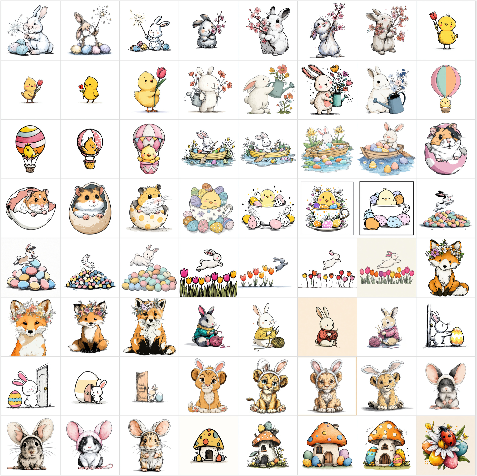 619 Easter Cartoon Illustrations - Cute Bunny, Chick & Spring Animal Clipart Bundle