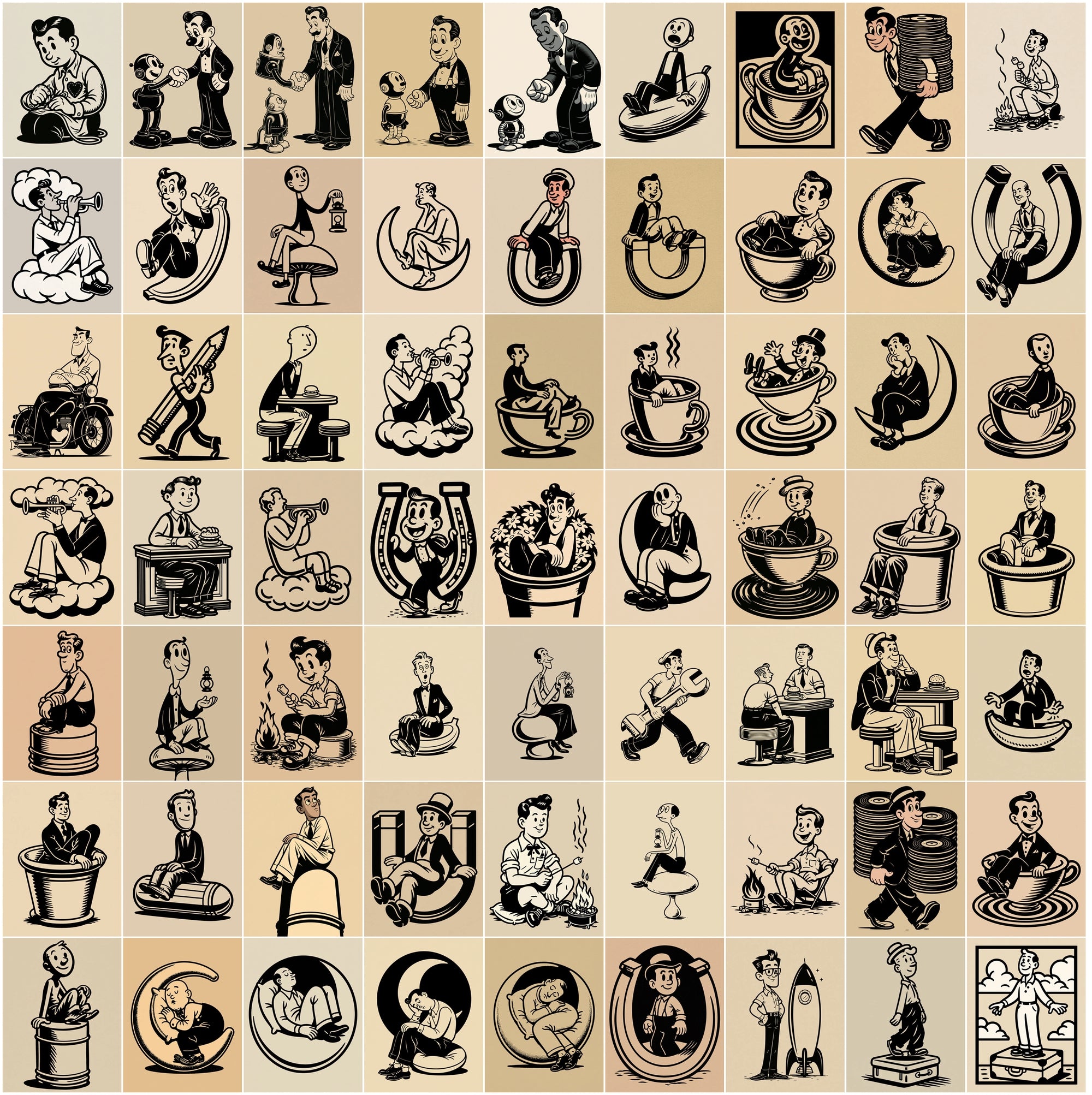 600 Retro Cartoon Illustrations Bundle, Vintage T-Shirt Graphics, JPG Clipart with Commercial License
