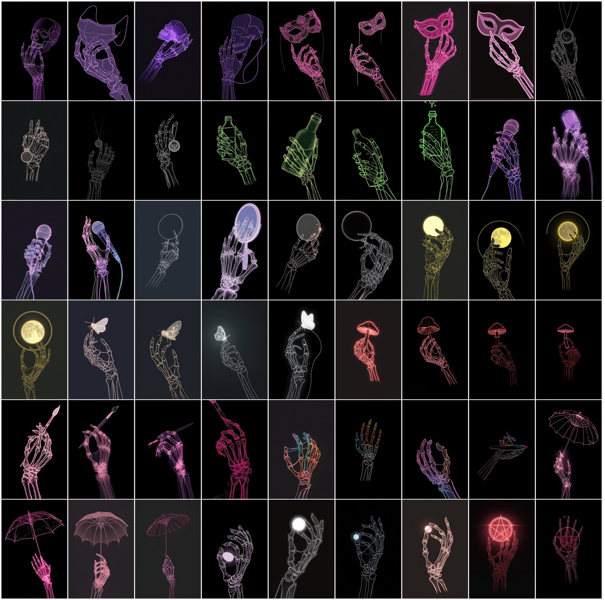 630 Skeleton Hand Neon Line Art Bundle, Halloween Clipart Pack, Gothic Posters