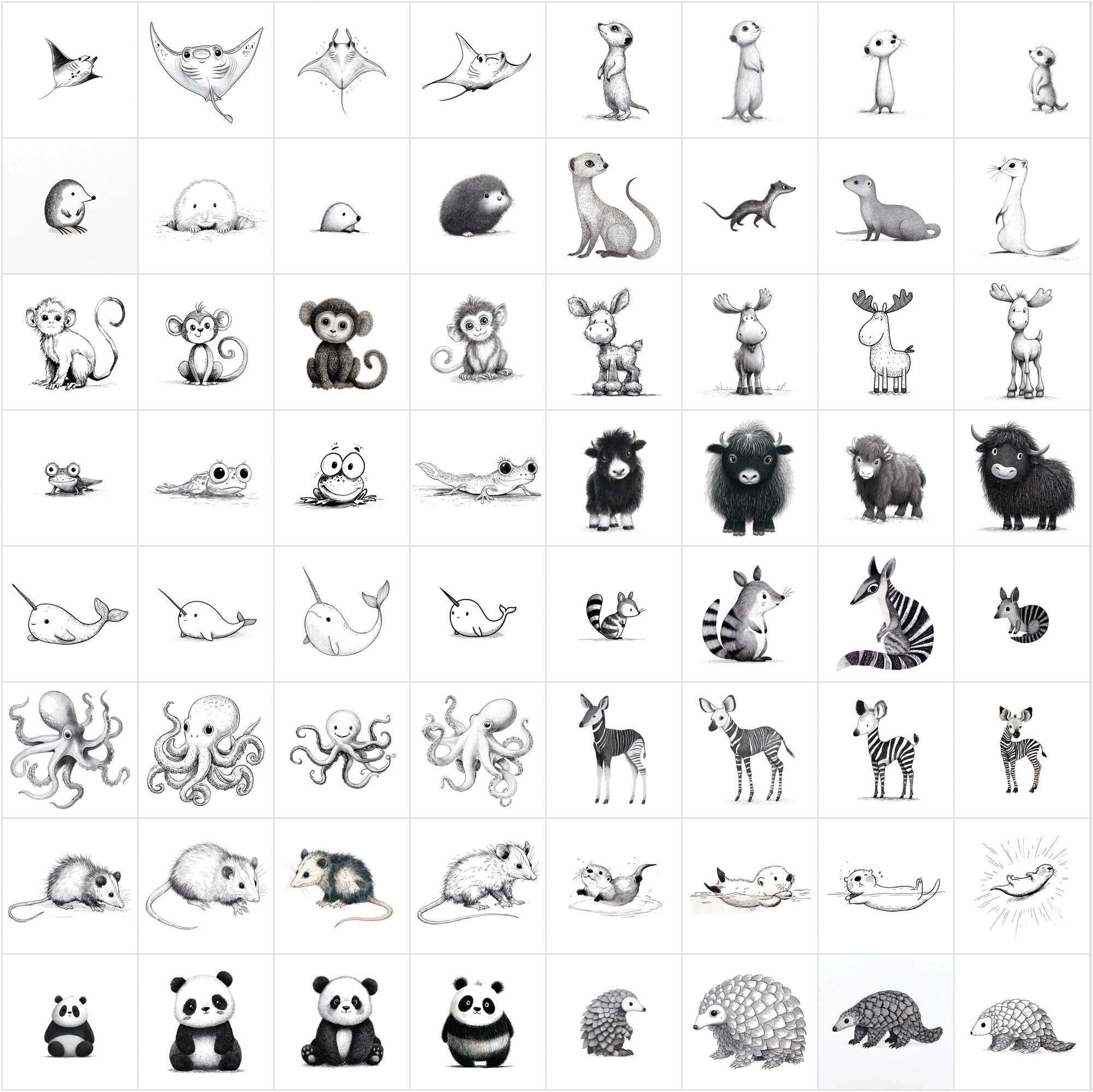 625 Children's Book Animal Illustrations — Black & White Line Art Bundle
