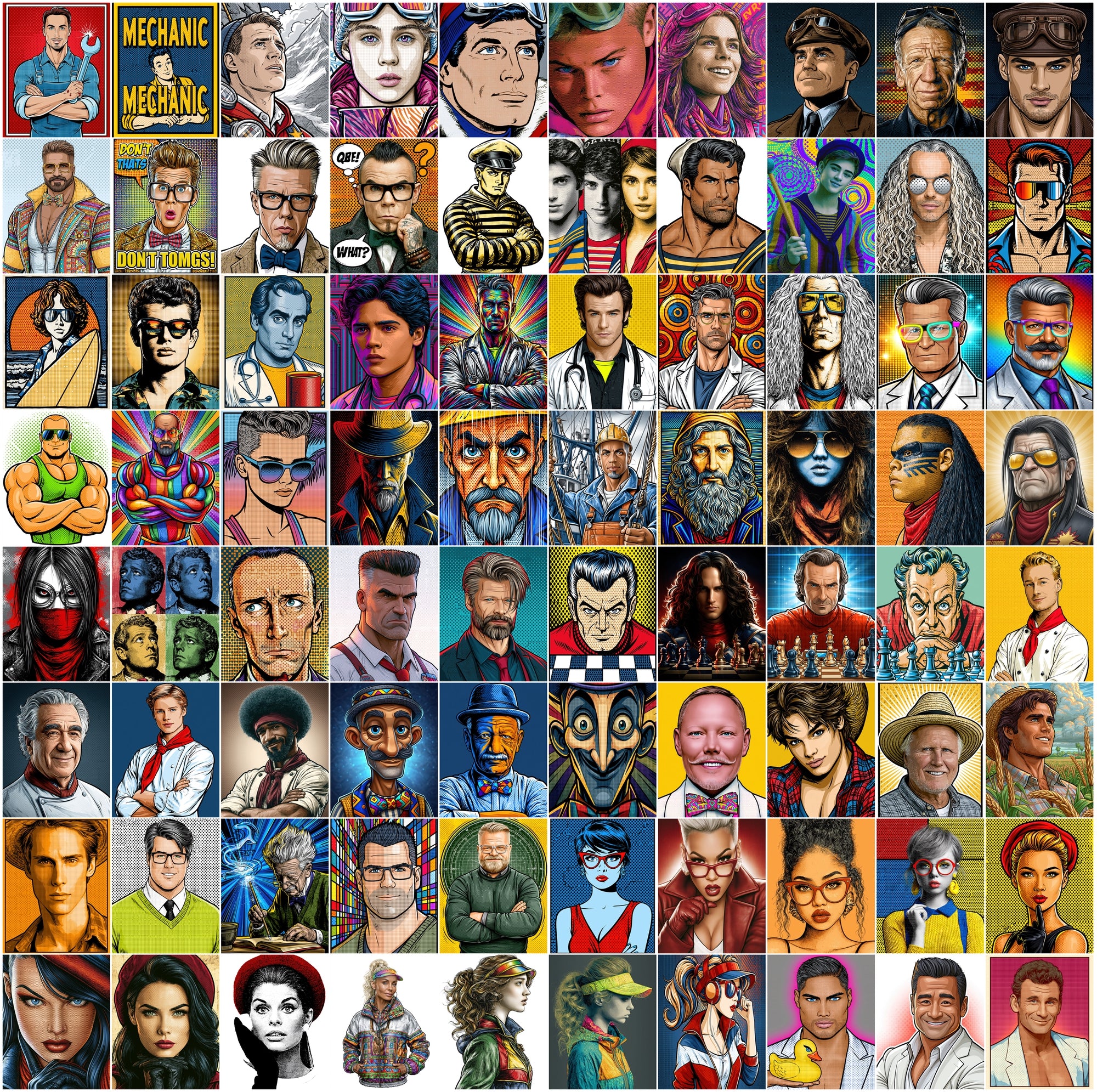 615 Pop Art Portrait Images, Commercial Use JPG Bundle, Retro Synthwave Comic Illustrations for Prints & Digital Design