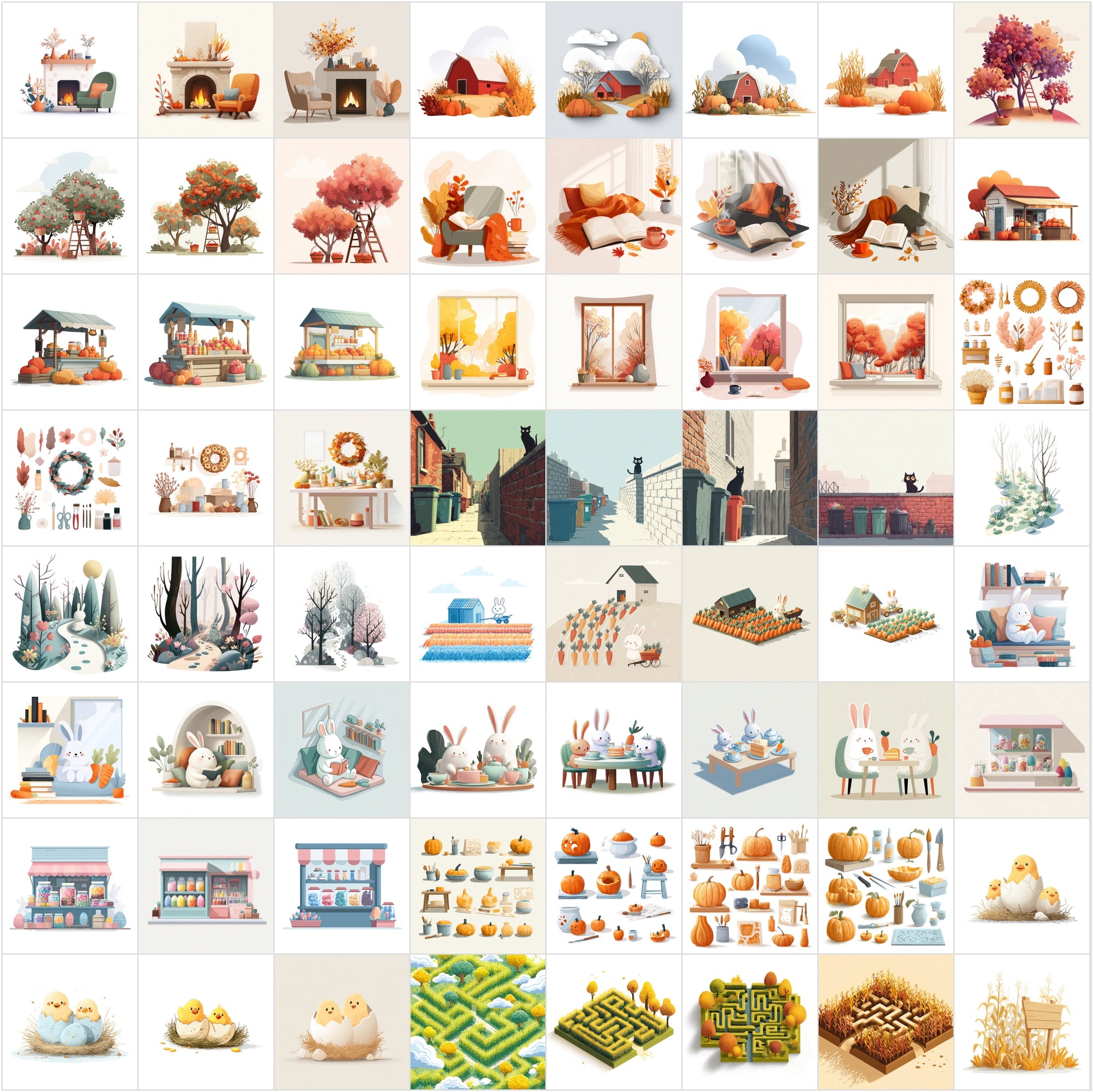 630 Minimalistic Cartoon Illustrations | Holiday & Seasonal Scenes