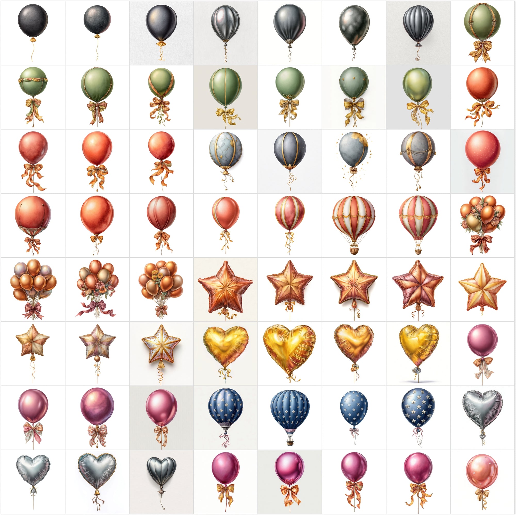 635 Watercolor Balloon Clipart Bundle • Metallic & Luxury Balloon Set