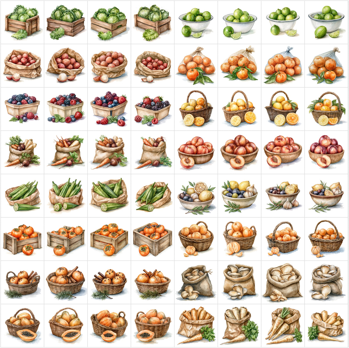 630 Fruit & Vegetable Illustrations – Farmhouse Kitchen Clipart Bundle, Harvest Food Art