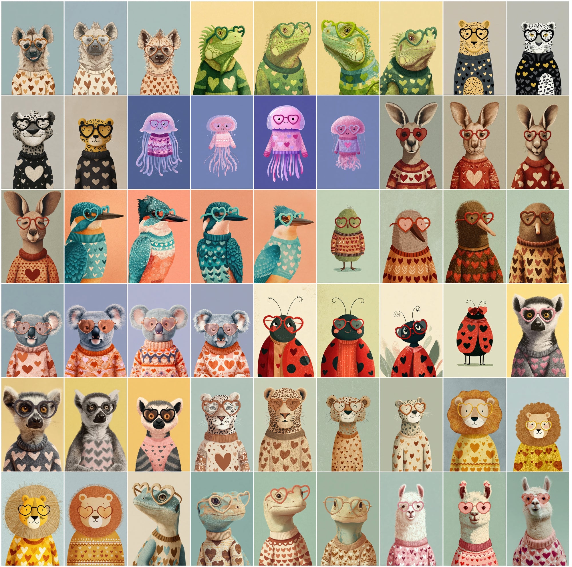 620 Cute Animals Clipart Bundle JPG | Heart Sweater Animals + Heart Glasses