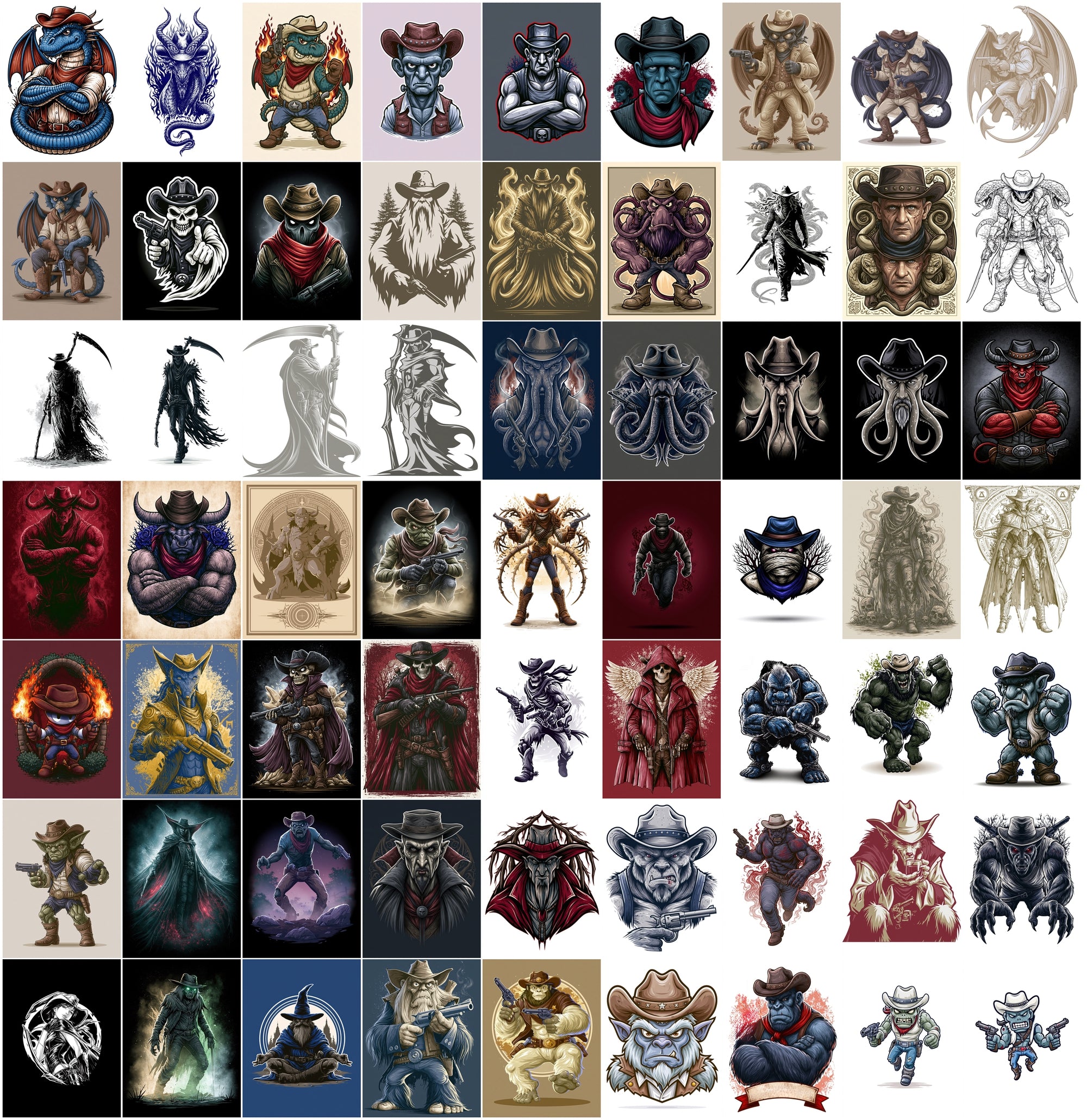 610 Monster Mashup T-Shirt Designs Bundle | Bold Graphic Character Illustrations