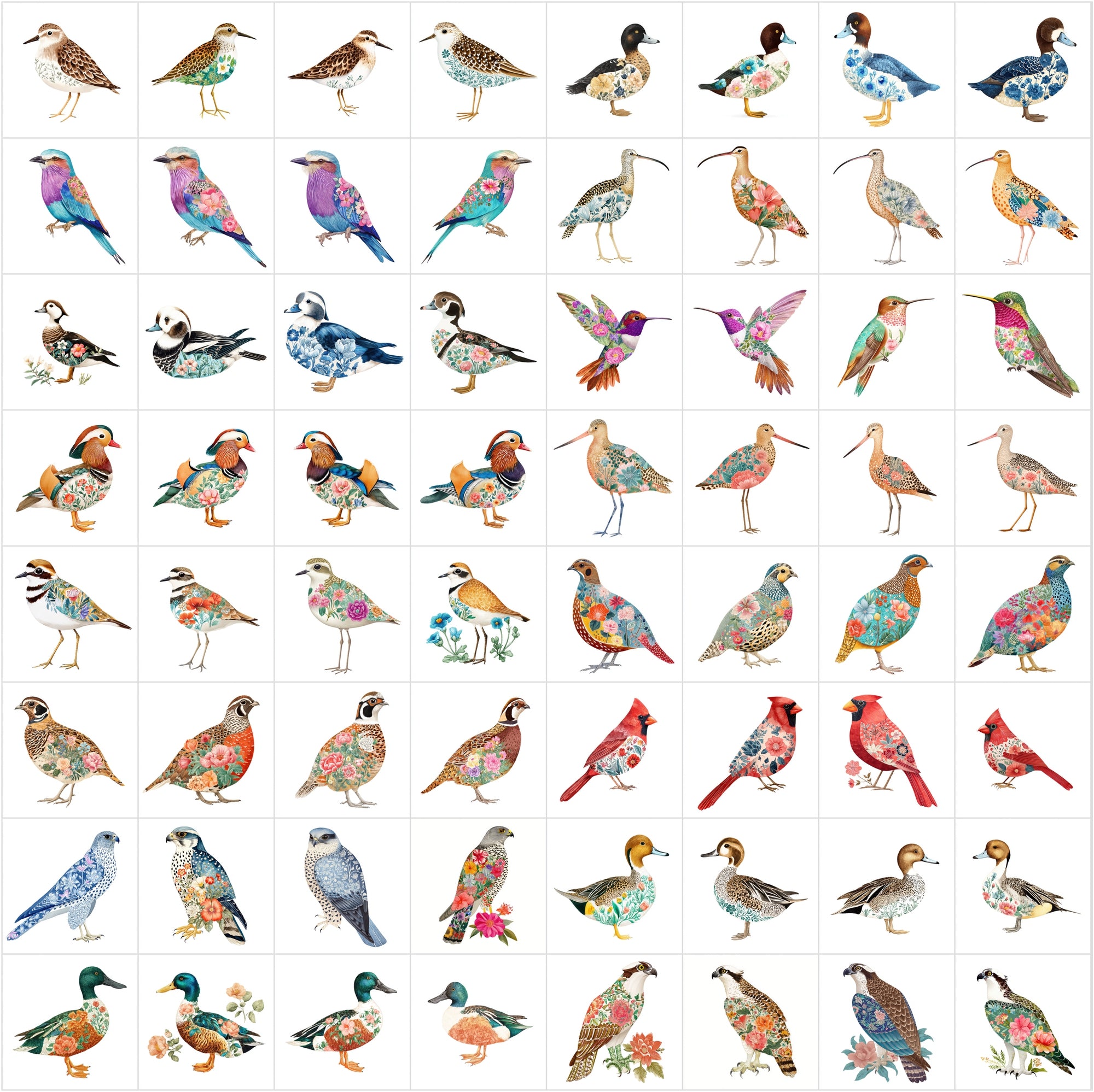 640 Watercolor Birds with Floral Patterns
