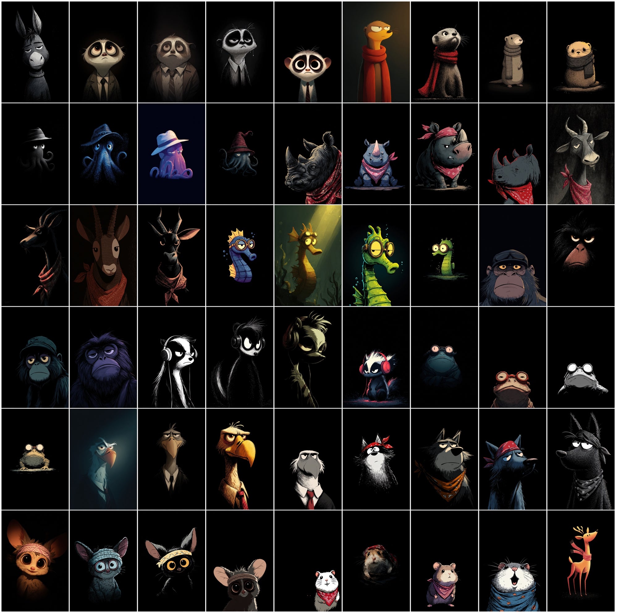 630 Animals Almost Visible in the Darkness | Cute Cartoon Animal Clipart Bundle | Dark Moody Illustrations