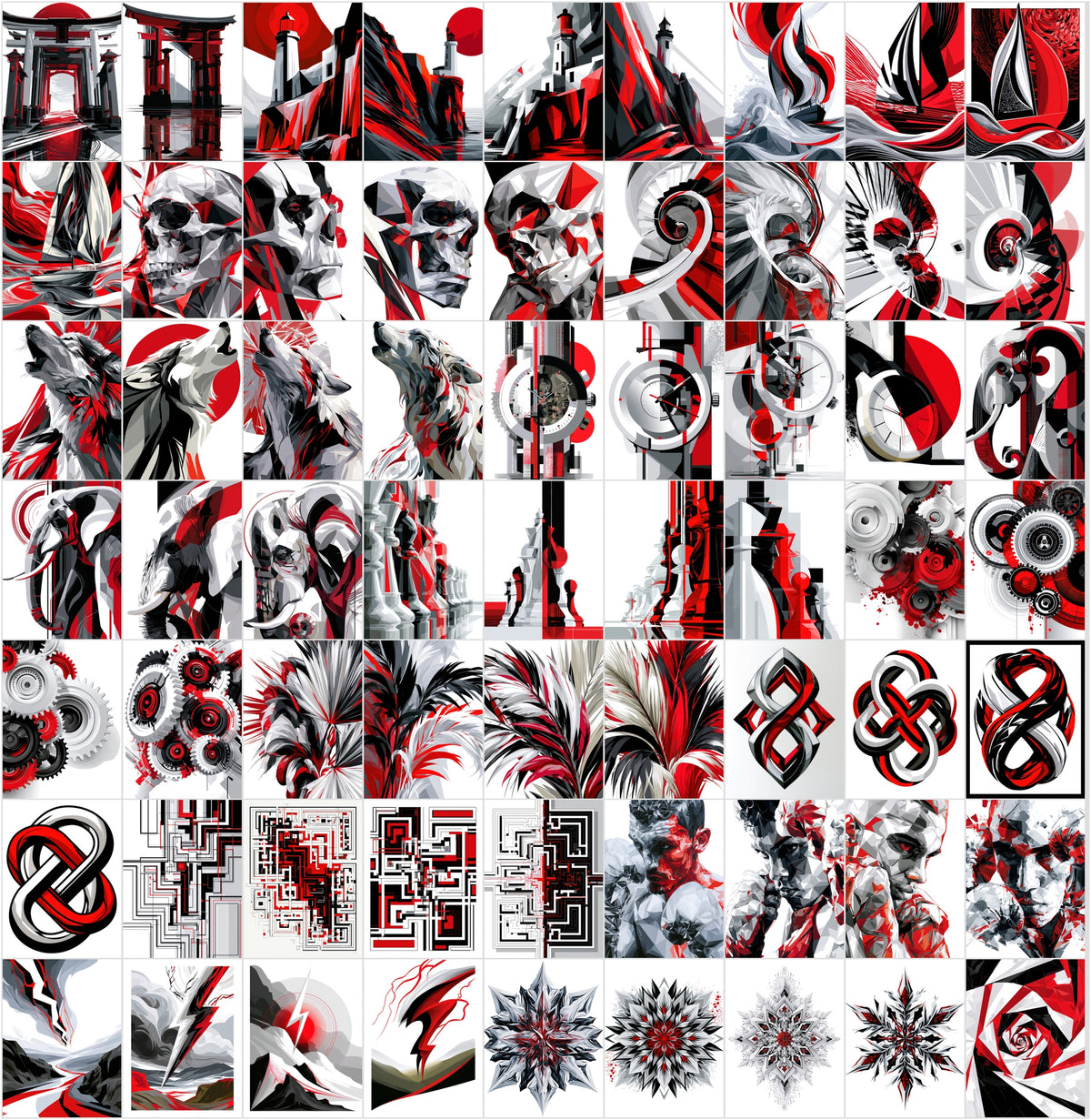 625 Abstract Art Prints Bundle | Red Black White Geometric Posters | Bauhaus Cubist Wall Art
