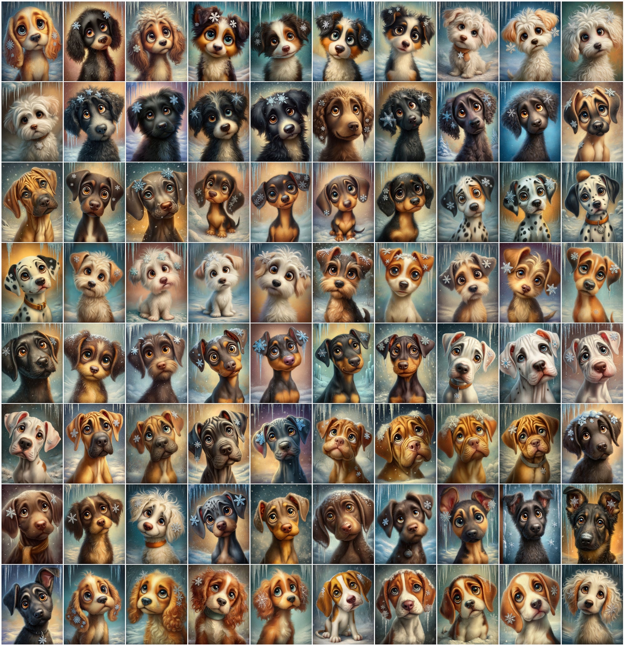 1080 Cute Dog Breed Illustrations – High-Resolution Winter Puppy Art with Commercial License