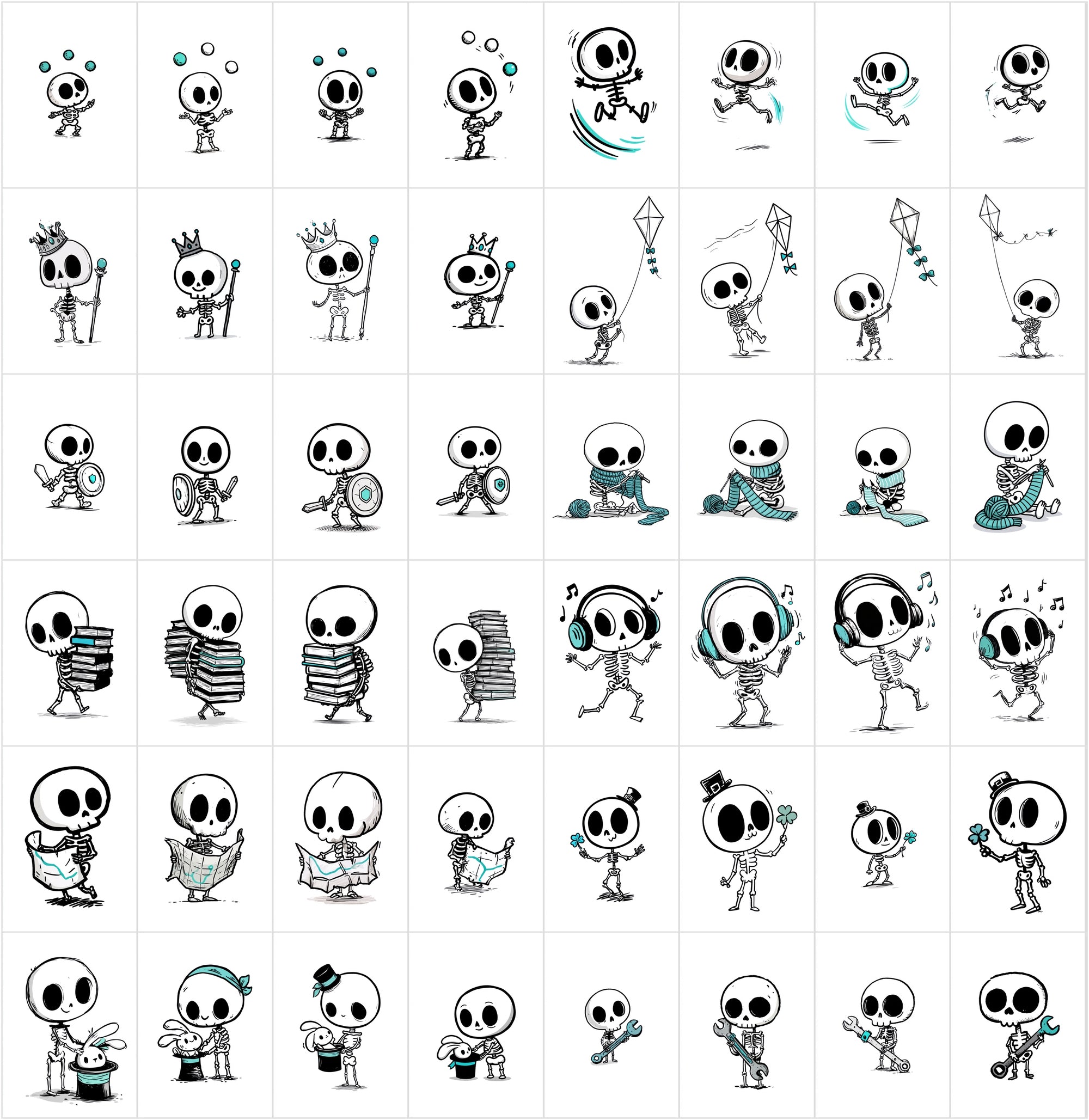 600 Cute Skeleton Doodle Clipart Bundle | Hand Drawn Stickman Skull Illustrations