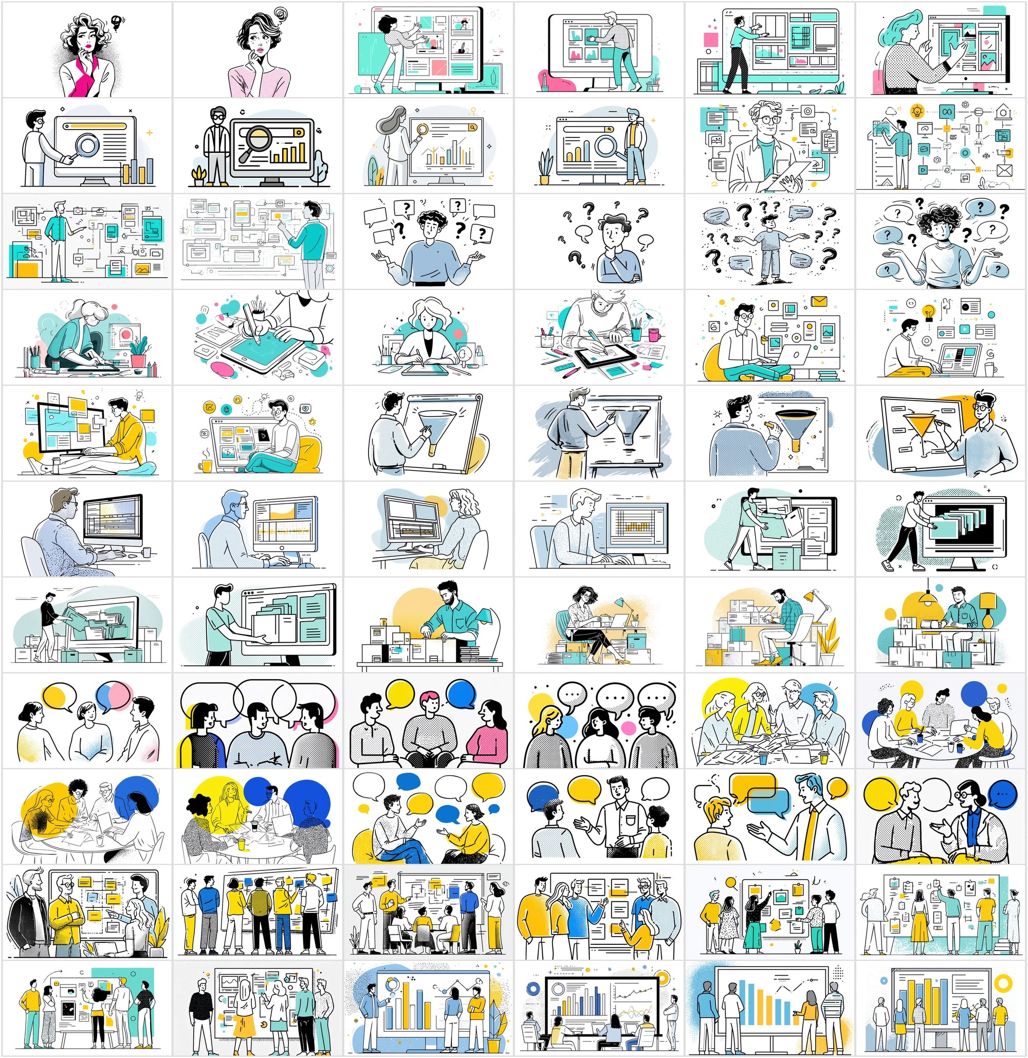 900 Business Line Art Illustrations – Chat, Office & Workflow Graphics Bundle
