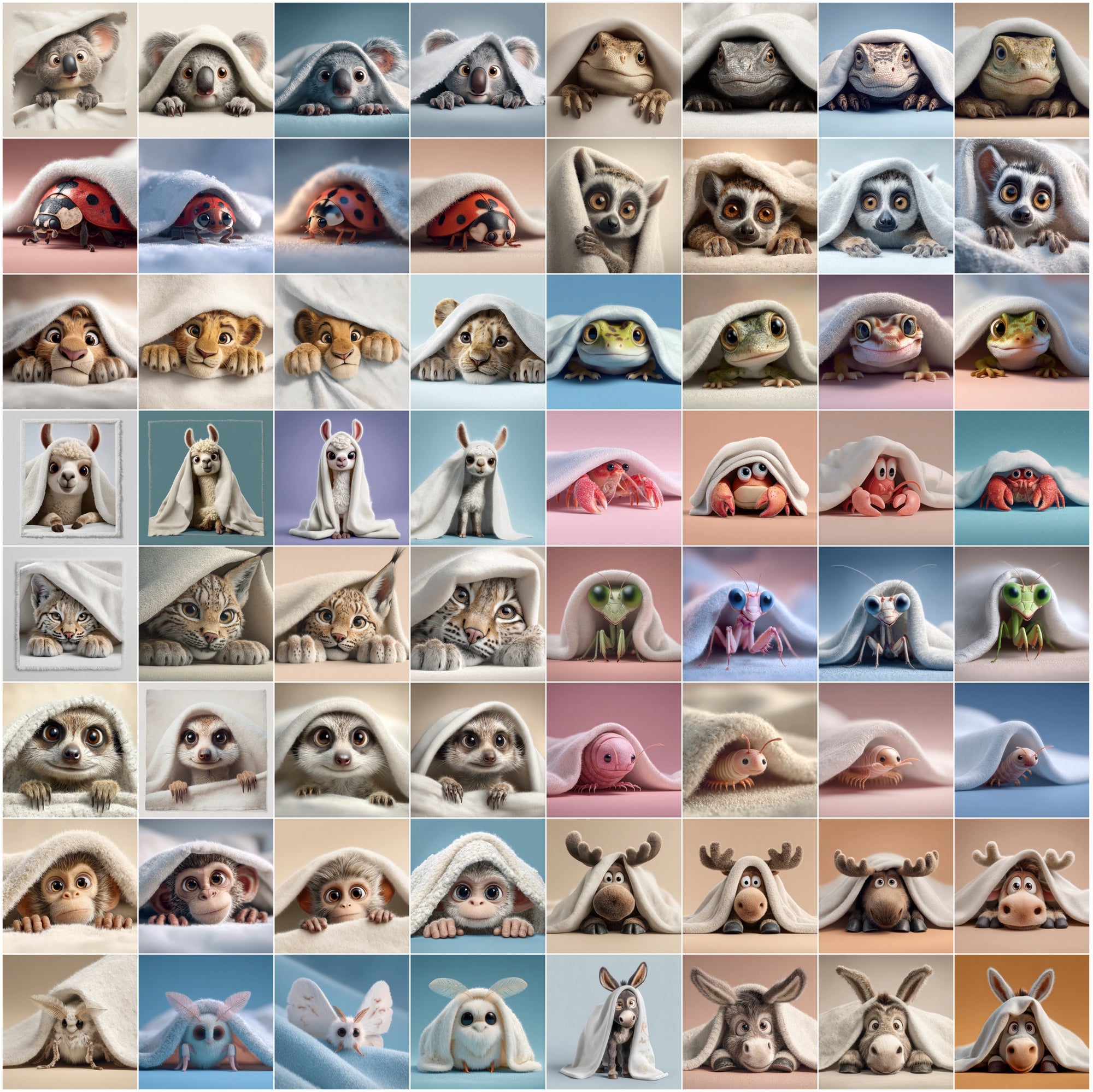 639 Cute Animals Hiding Under Blankets | Adorable 3D Pet Clipart Bundle