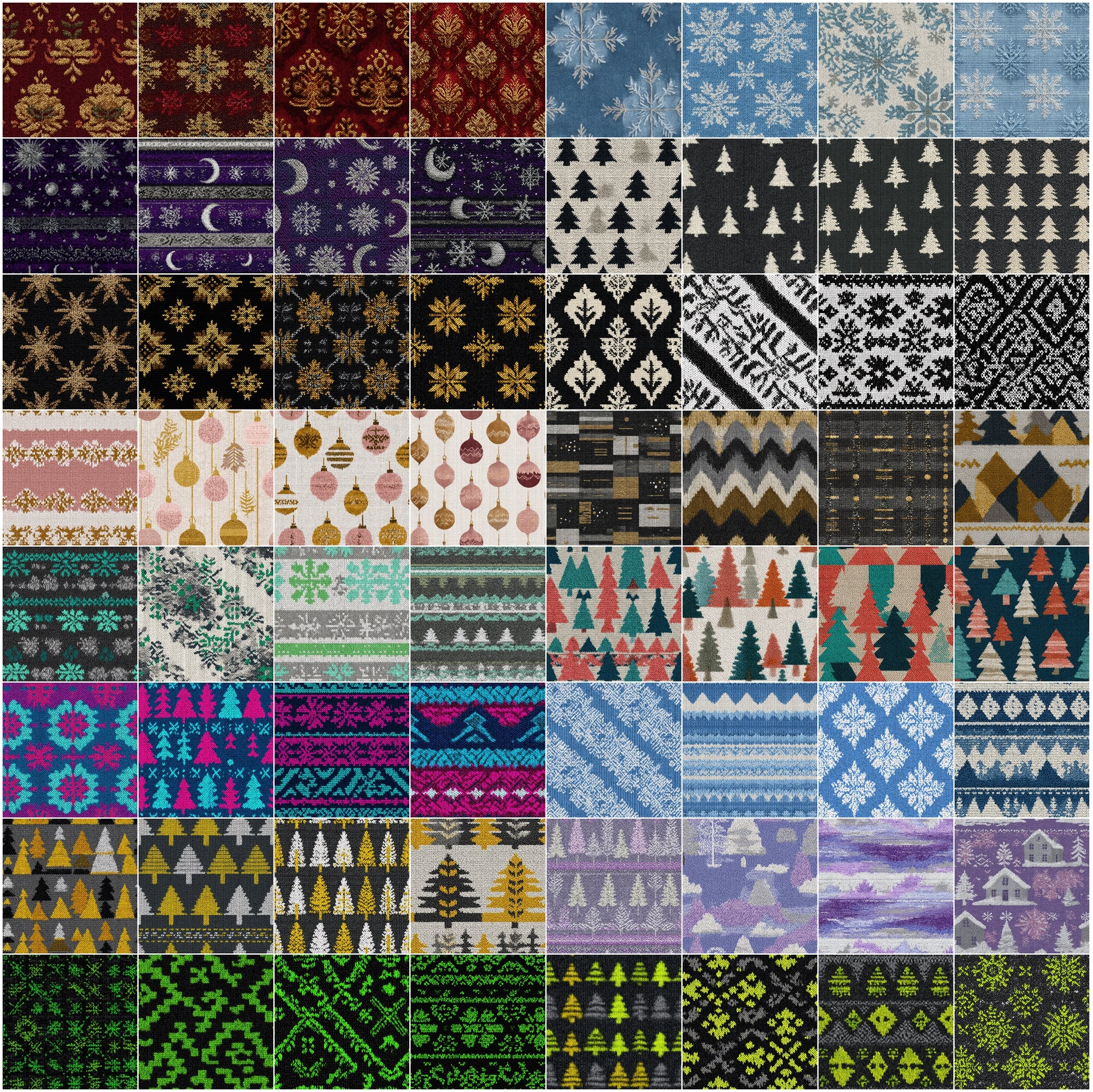 640 Seamless Christmas Knit Patterns, JPG + PAT, Holiday Sweater Textures with Commercial License