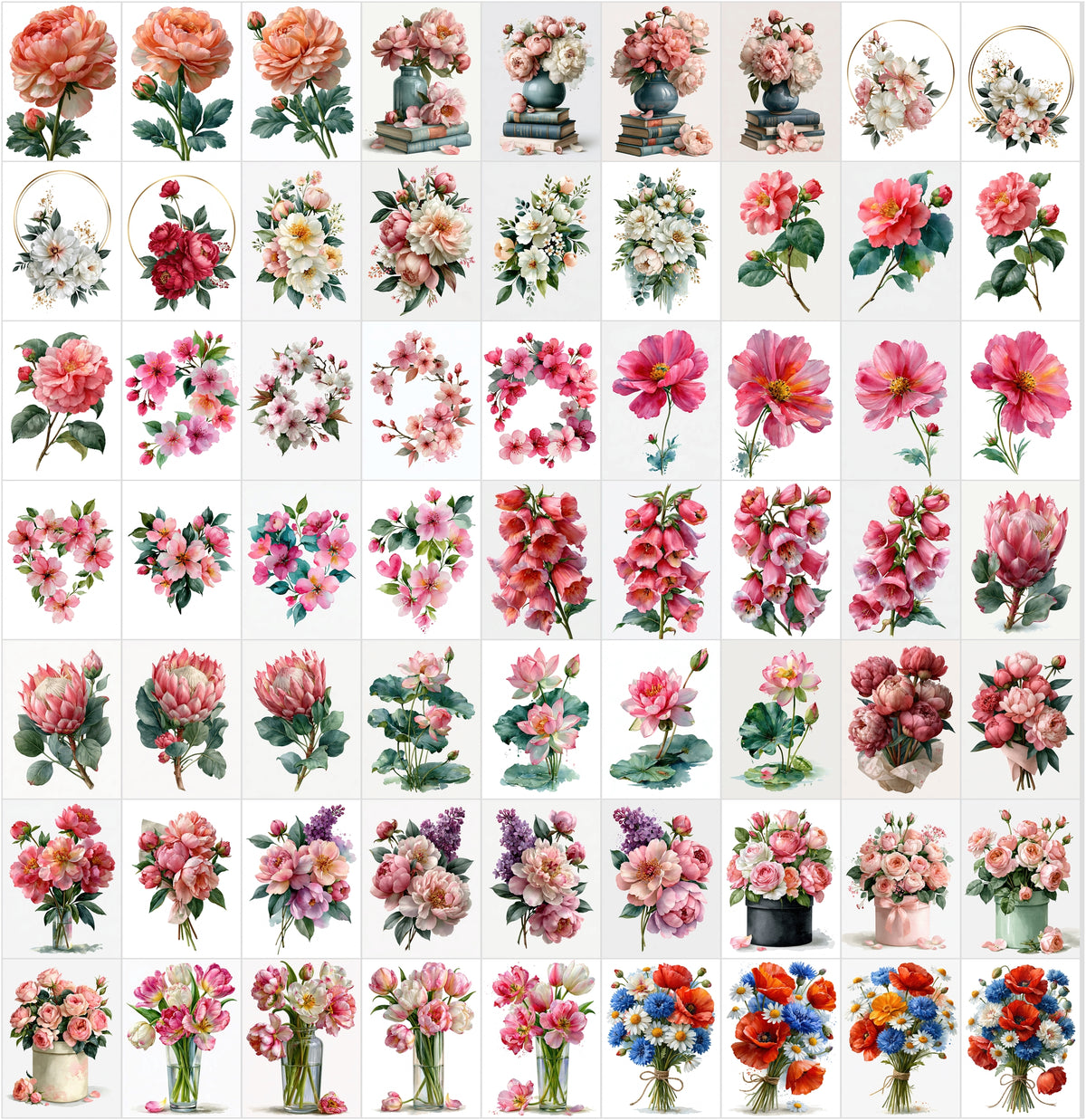 635 Watercolor Flowers Clipart Bundle – Wedding Florals, Bouquets, Wreaths & Greenery PNG-Ready JPG, Commercial Use