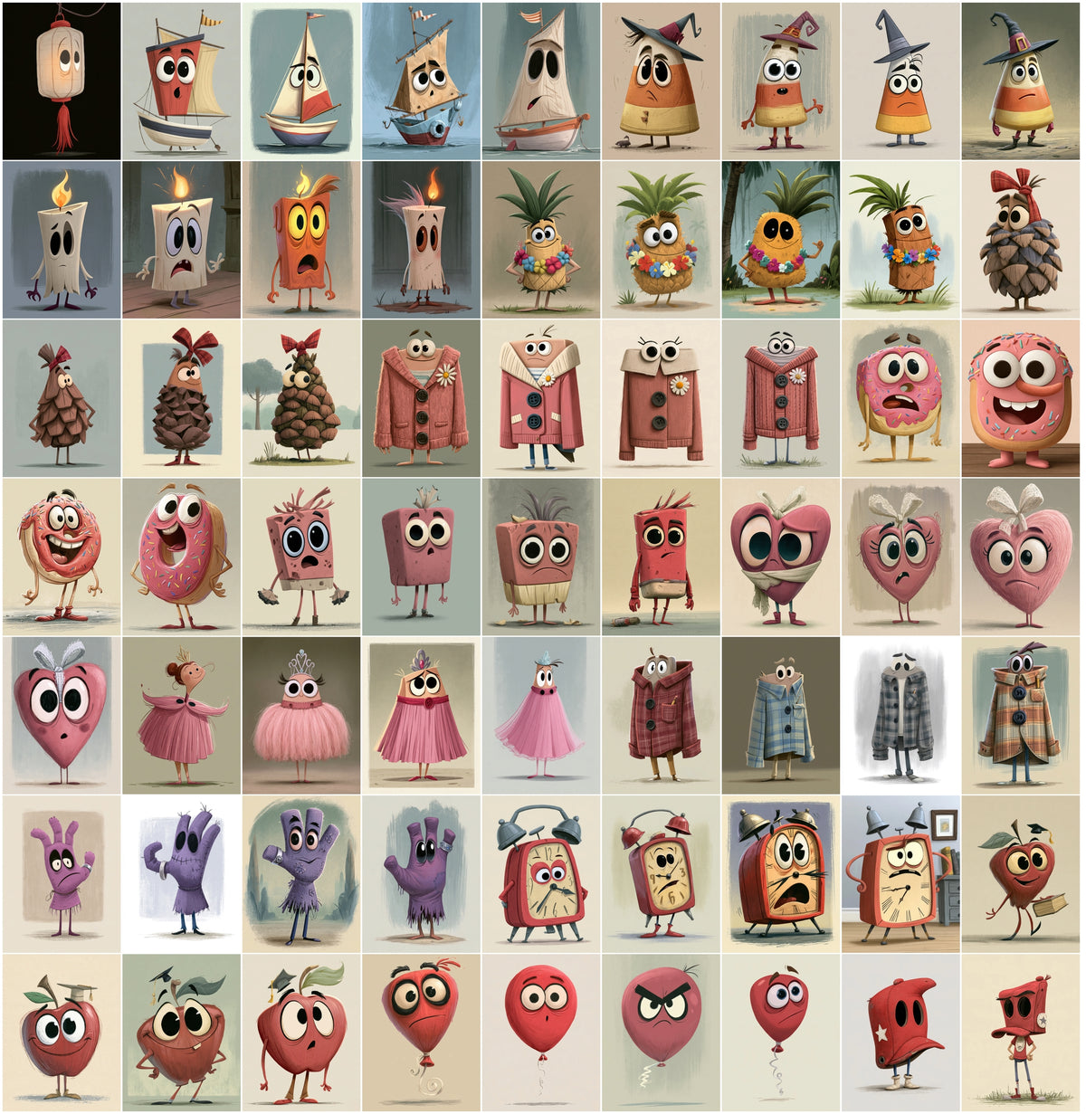 640 Cute Mascot Character Images – Whimsical Object Mascots with Big Eyes, High-Res JPG, Commercial License
