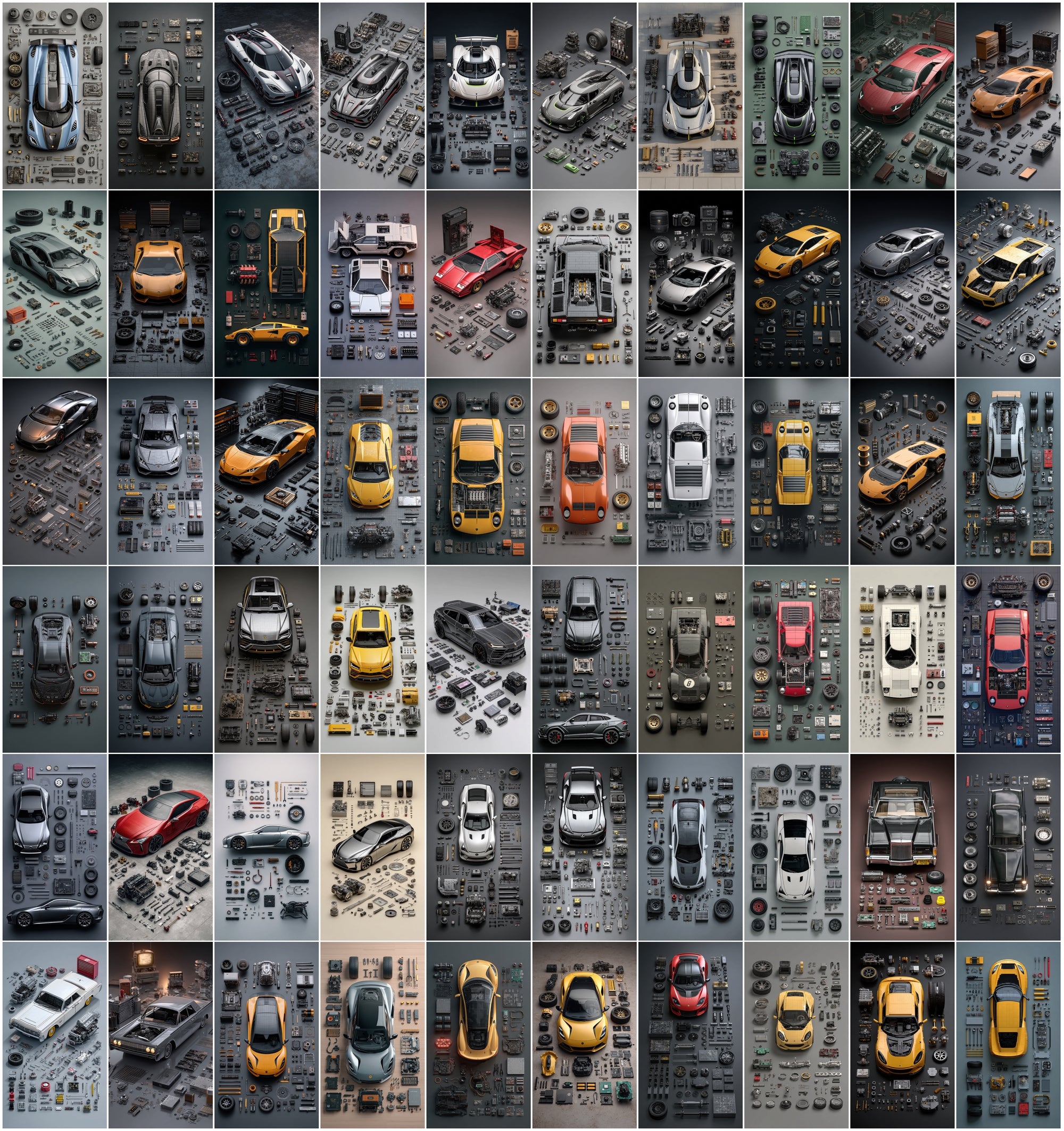 620 Disassembled Supercar Images | Automotive Parts Art