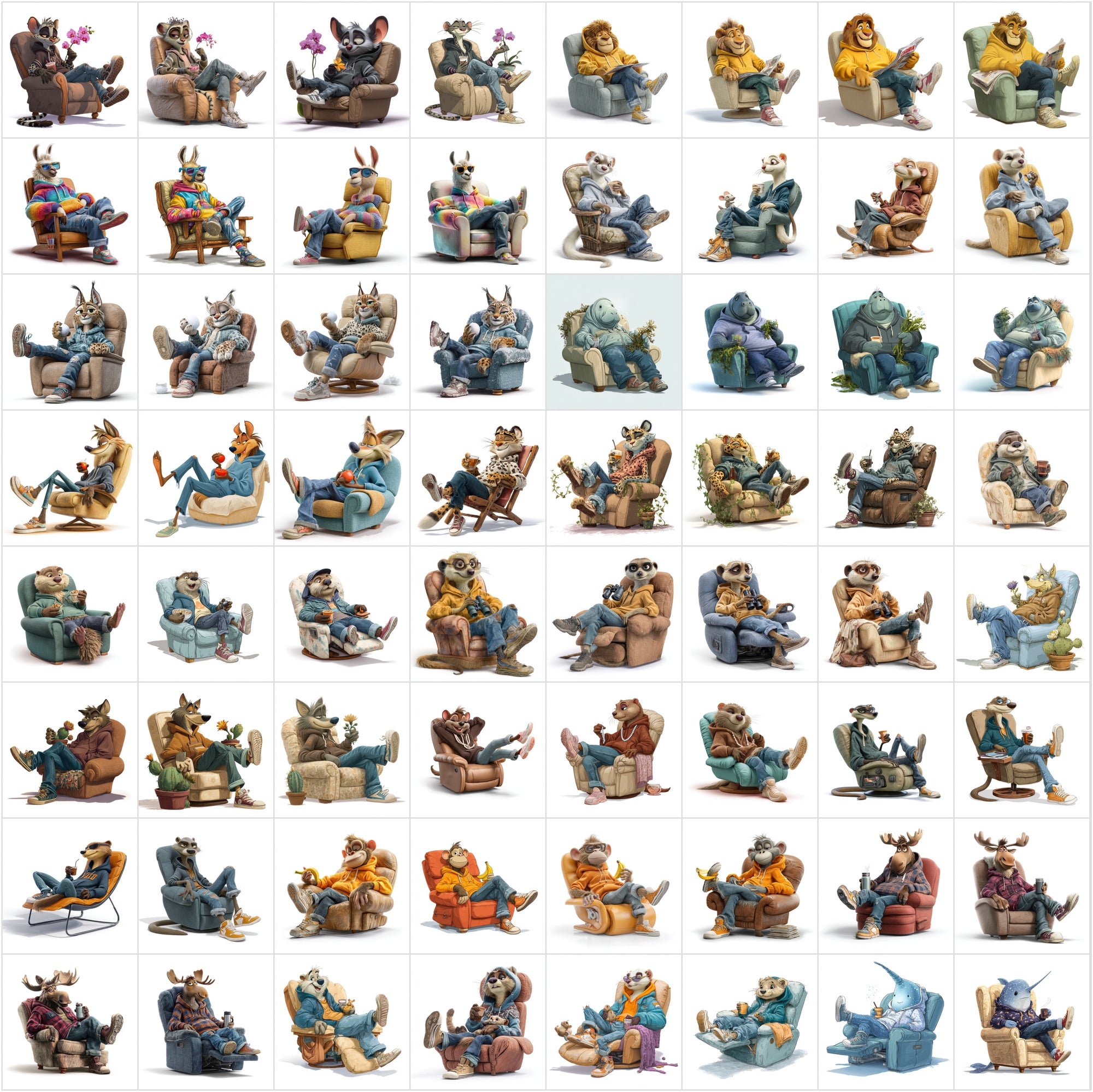 610 Cute Animals Relaxing on Recliners Clipart Bundle