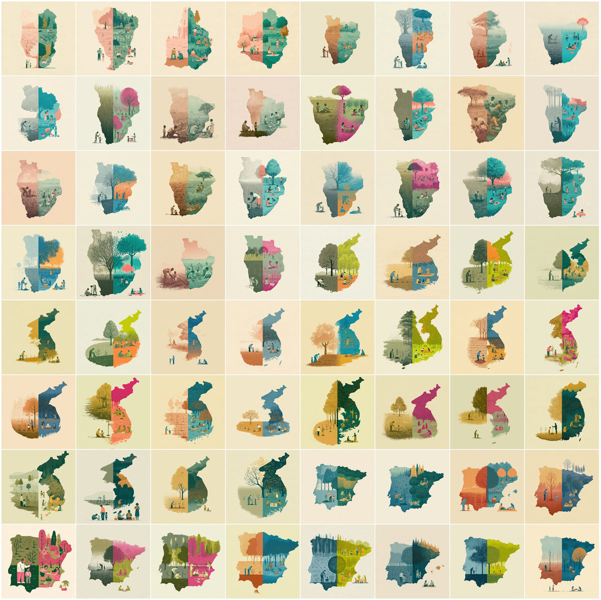 1270 Country Map Silhouette Posters - World Map Wall Art Bundle, Heritage & Harvest Split Designs