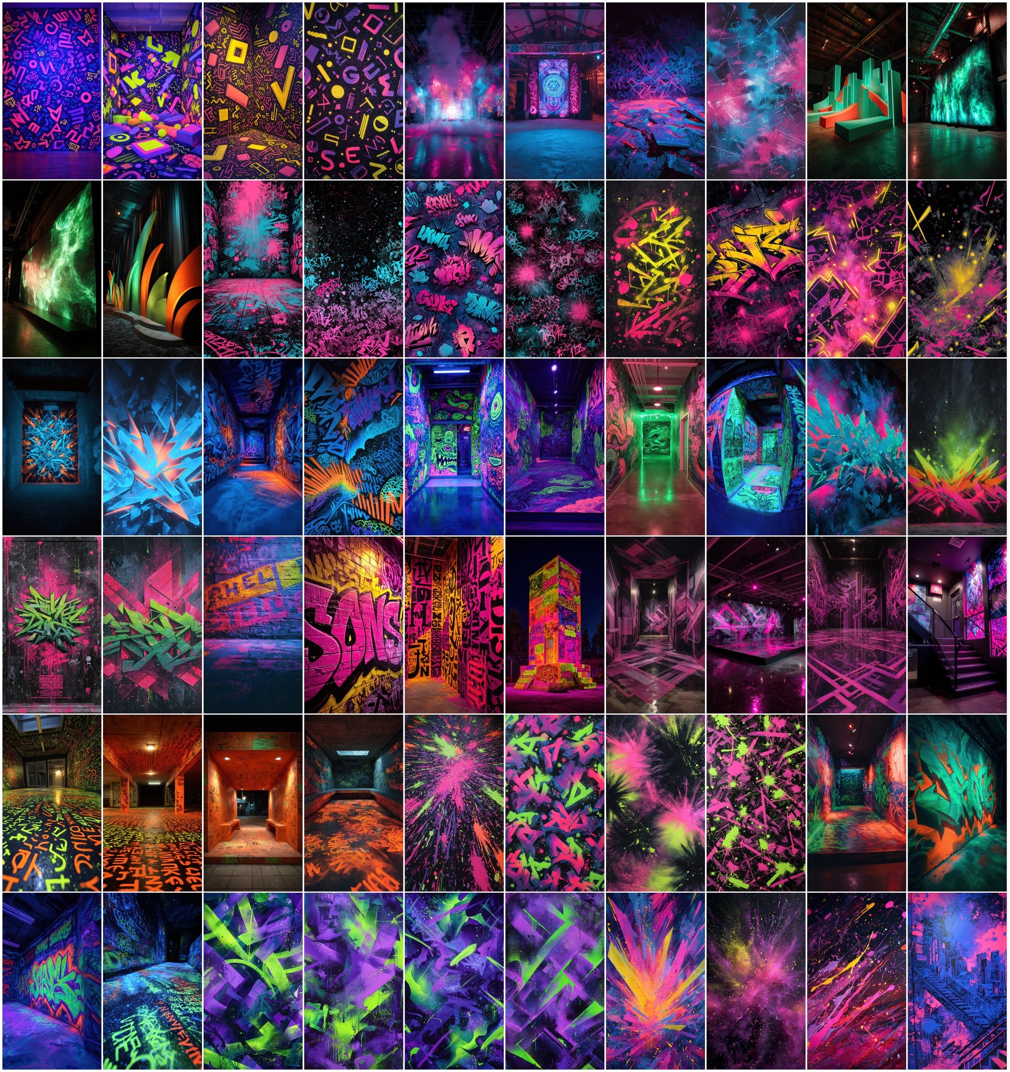 635 Neon Graffiti Wall Backgrounds - Blacklight UV Fluorescent Street Art