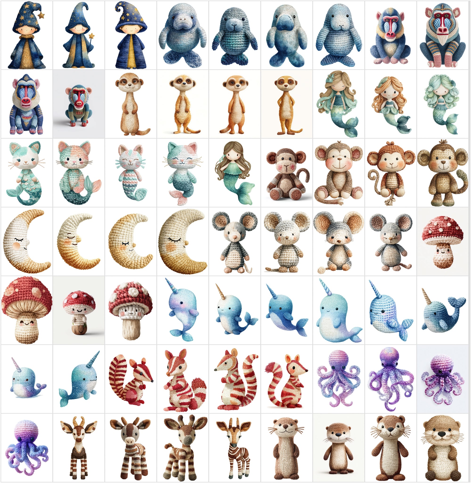 620 Crochet Animal Watercolor Clipart Bundle, Cute Nursery JPG Collection, Woodland Farm Ocean Fantasy Baby Shower Art