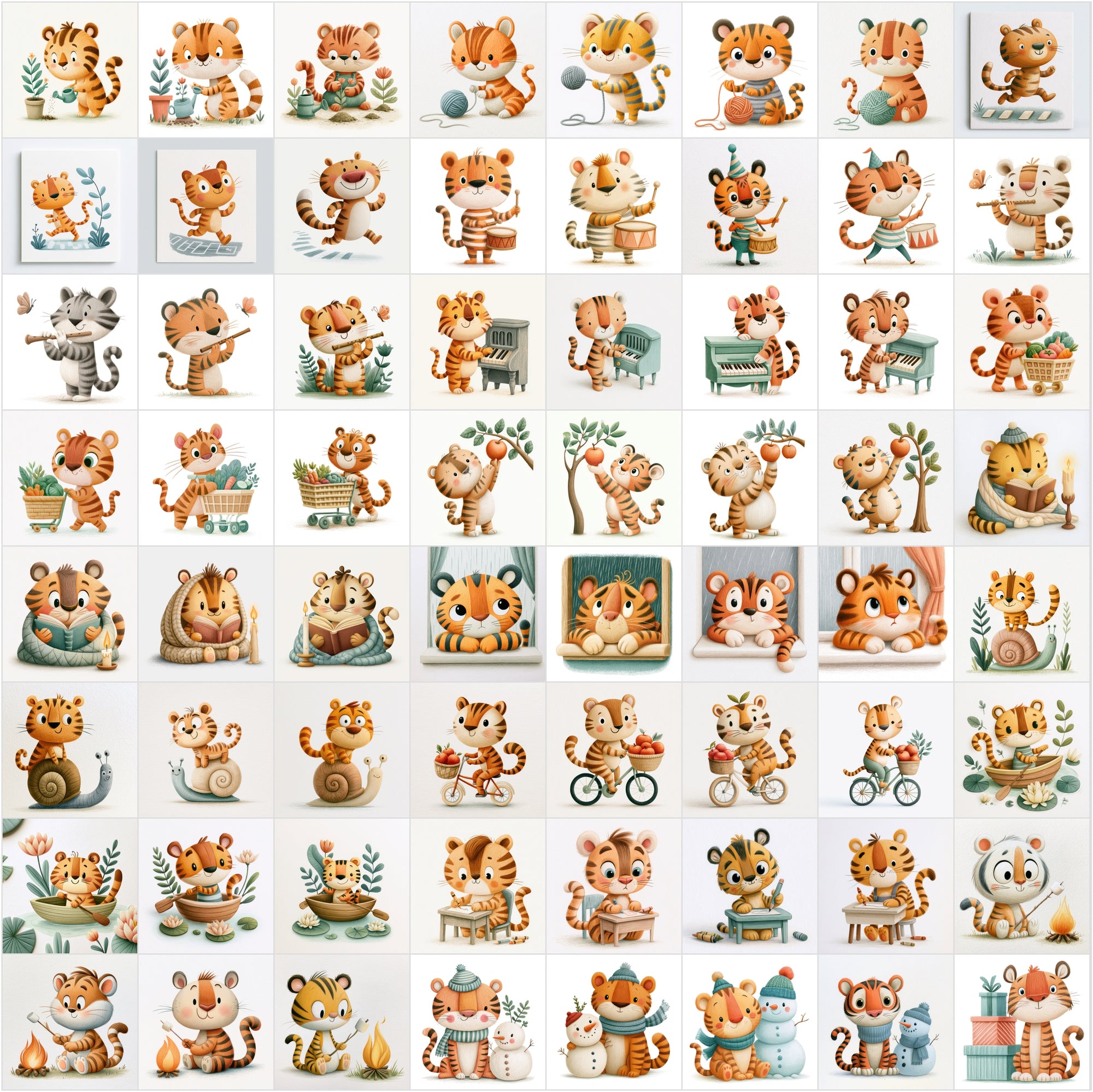630 Cute Tiger Clipart Bundle | Whimsical Children's Book Illustrations