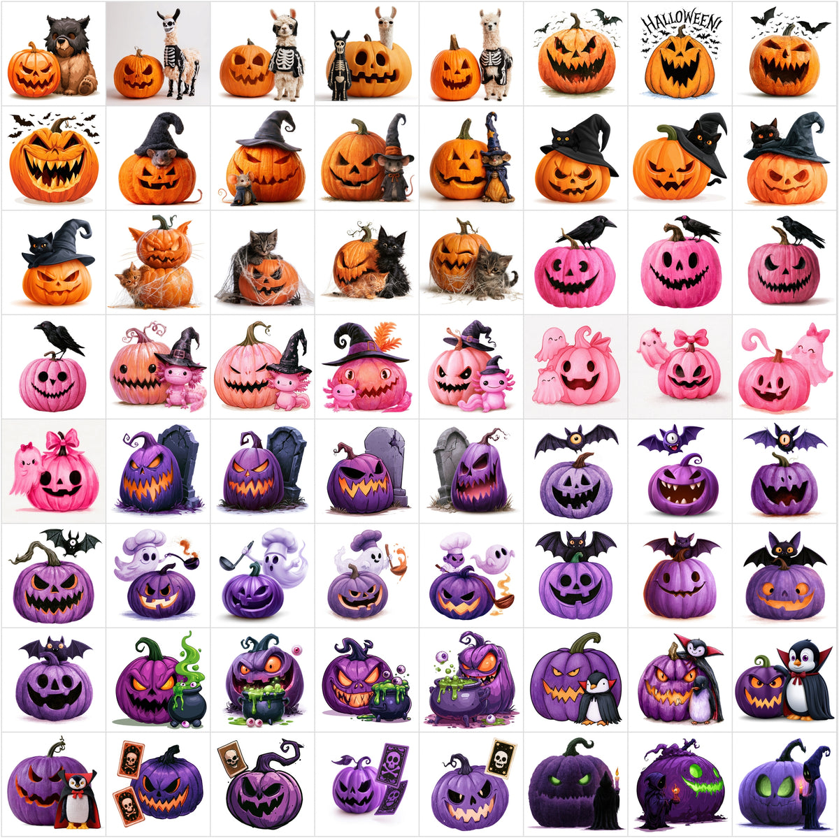 632 Halloween Cartoon Pumpkin Clipart Bundle – Spooky Jack-o’-Lantern Characters on White Background,