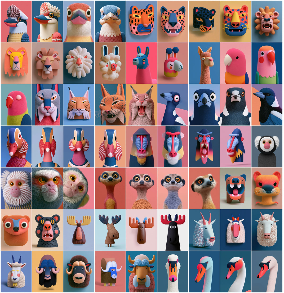 630 3D Animal Portrait Bundle | Stylized Clay & Paper-Craft Animal Head Art, Bold Color Backgrounds, Commercial Use