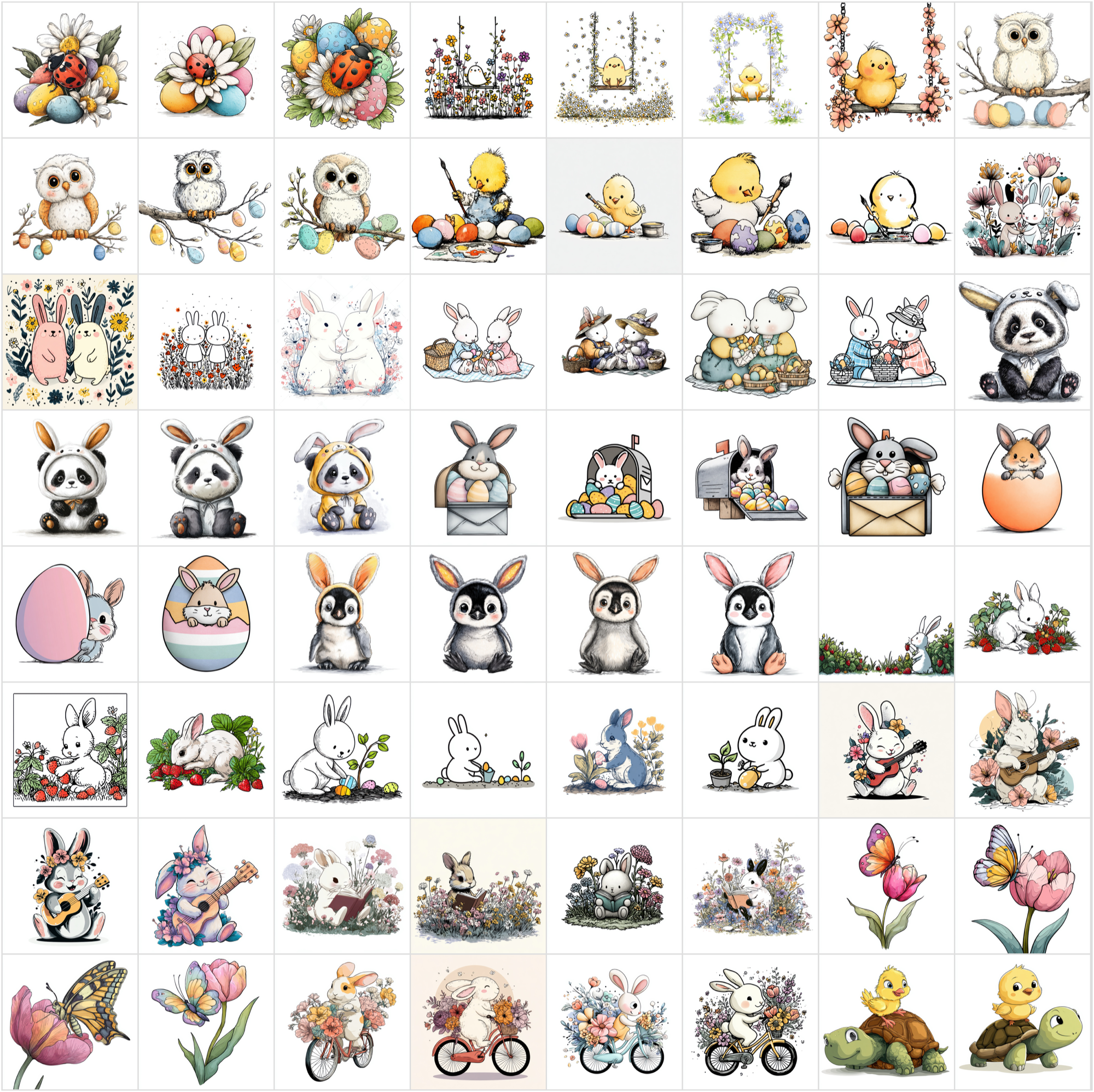 619 Easter Cartoon Illustrations - Cute Bunny, Chick & Spring Animal Clipart Bundle