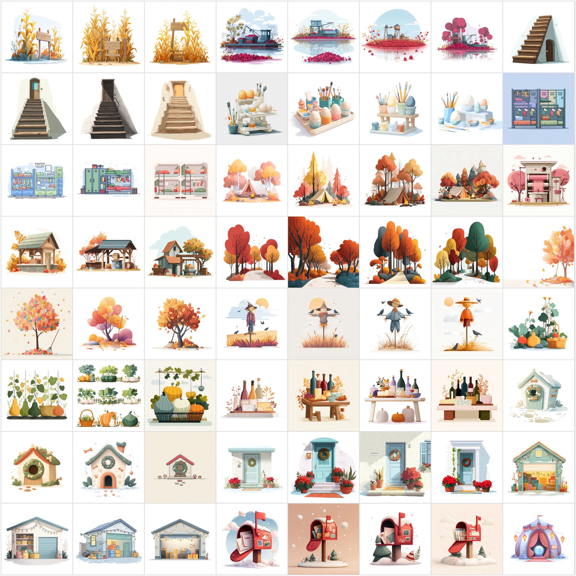 630 Minimalistic Cartoon Illustrations | Holiday & Seasonal Scenes