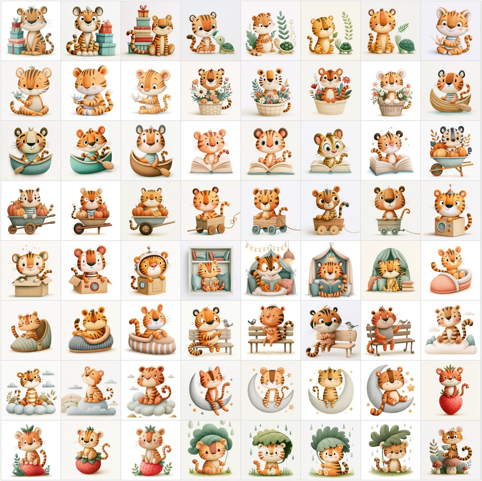630 Cute Tiger Clipart Bundle | Whimsical Children's Book Illustrations