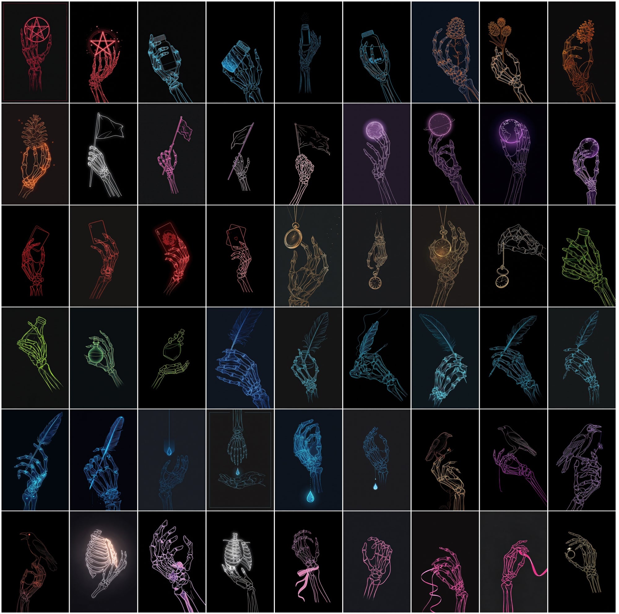 630 Skeleton Hand Neon Line Art Bundle, Halloween Clipart Pack, Gothic Posters