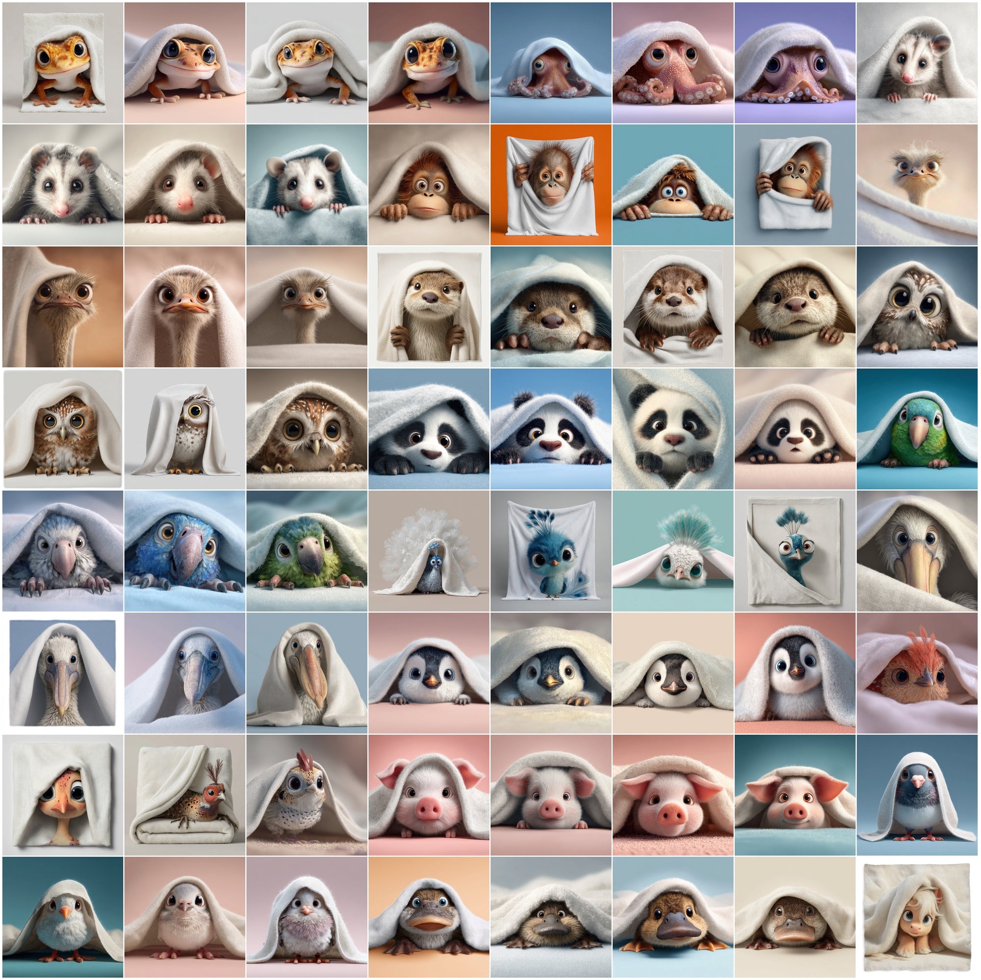 639 Cute Animals Hiding Under Blankets | Adorable 3D Pet Clipart Bundle