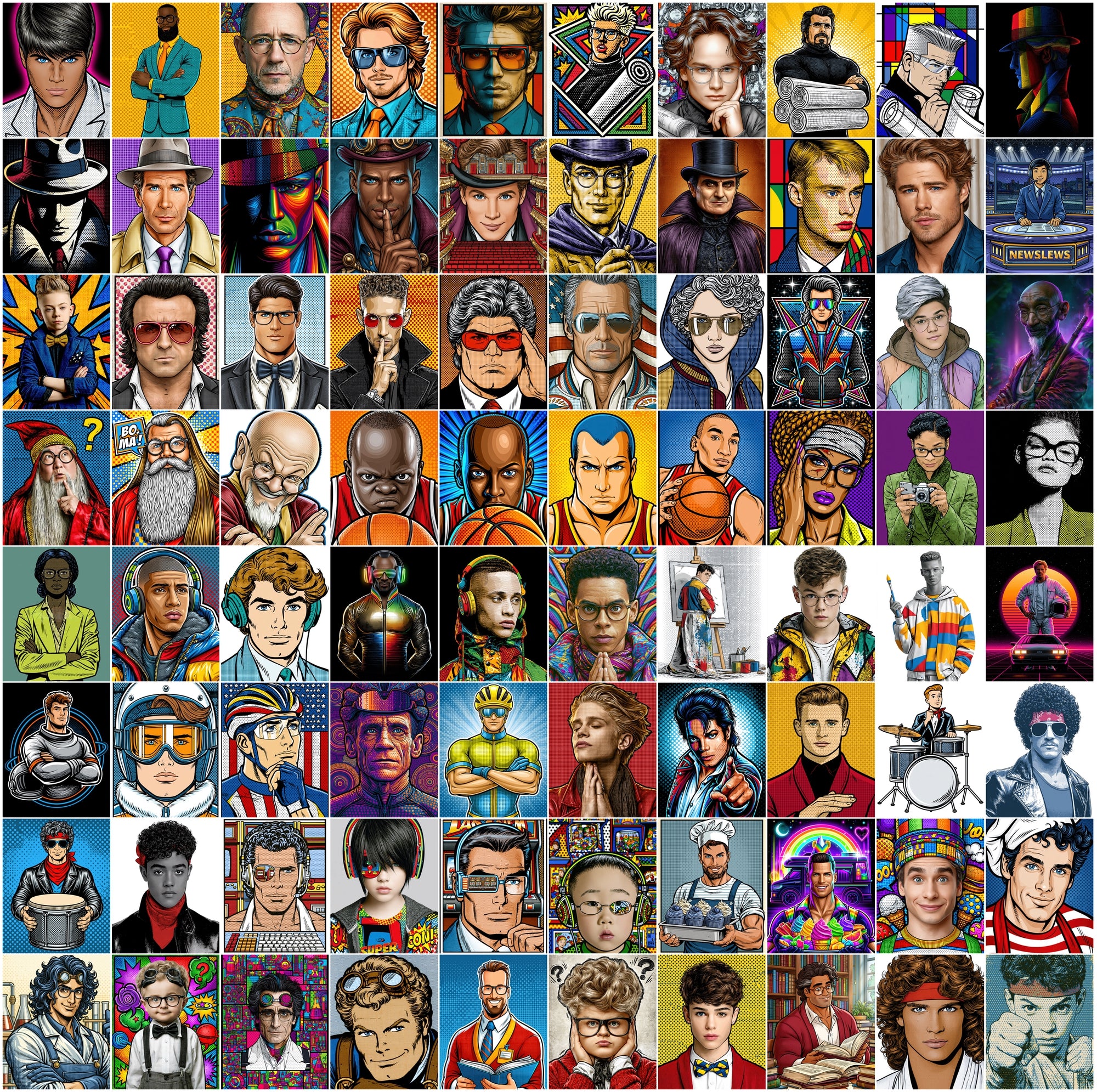 615 Pop Art Portrait Images, Commercial Use JPG Bundle, Retro Synthwave Comic Illustrations for Prints & Digital Design